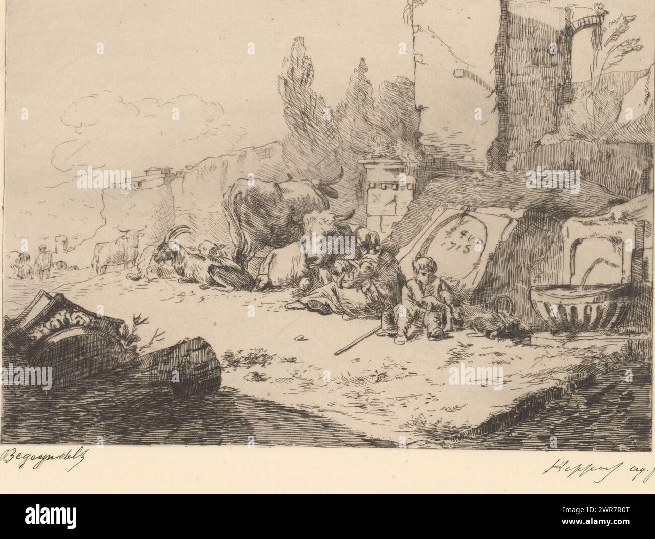 Troupeau de bovins reposant près d'une ruine, imprimeur : Karel Theodoor Hippert, (attribué à), 1849 - 1910, papier, gravure, hauteur 235 mm × largeur 321 mm, impression Banque D'Images