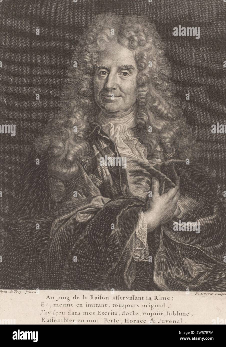 Portrait de Nicolas Boileau-Despréaux, imprimeur : Pierre Drevet, après peinture par : François de Troy, France, 1673 - 1738, papier, gravure, hauteur 241 mm × largeur 171 mm, impression Banque D'Images