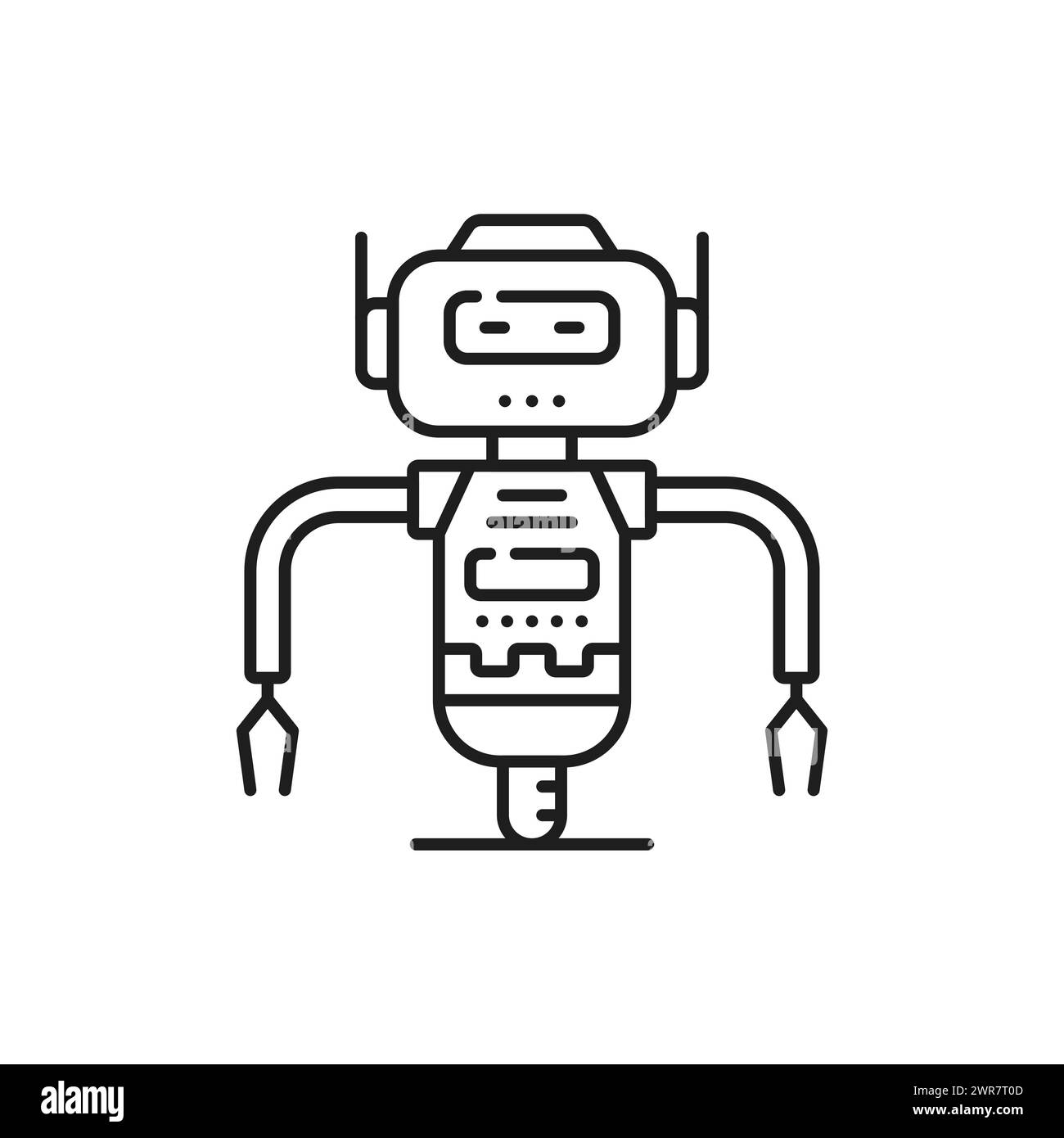 Robot ou droïde sur la ligne de roue et icône de contour. Symbole de contour de droïde humanoïde de machine future de l'industrie, assistant virtuel ou chatbot ai, technologie robotique android avec griffes et icône vectorielle de ligne de roue Illustration de Vecteur