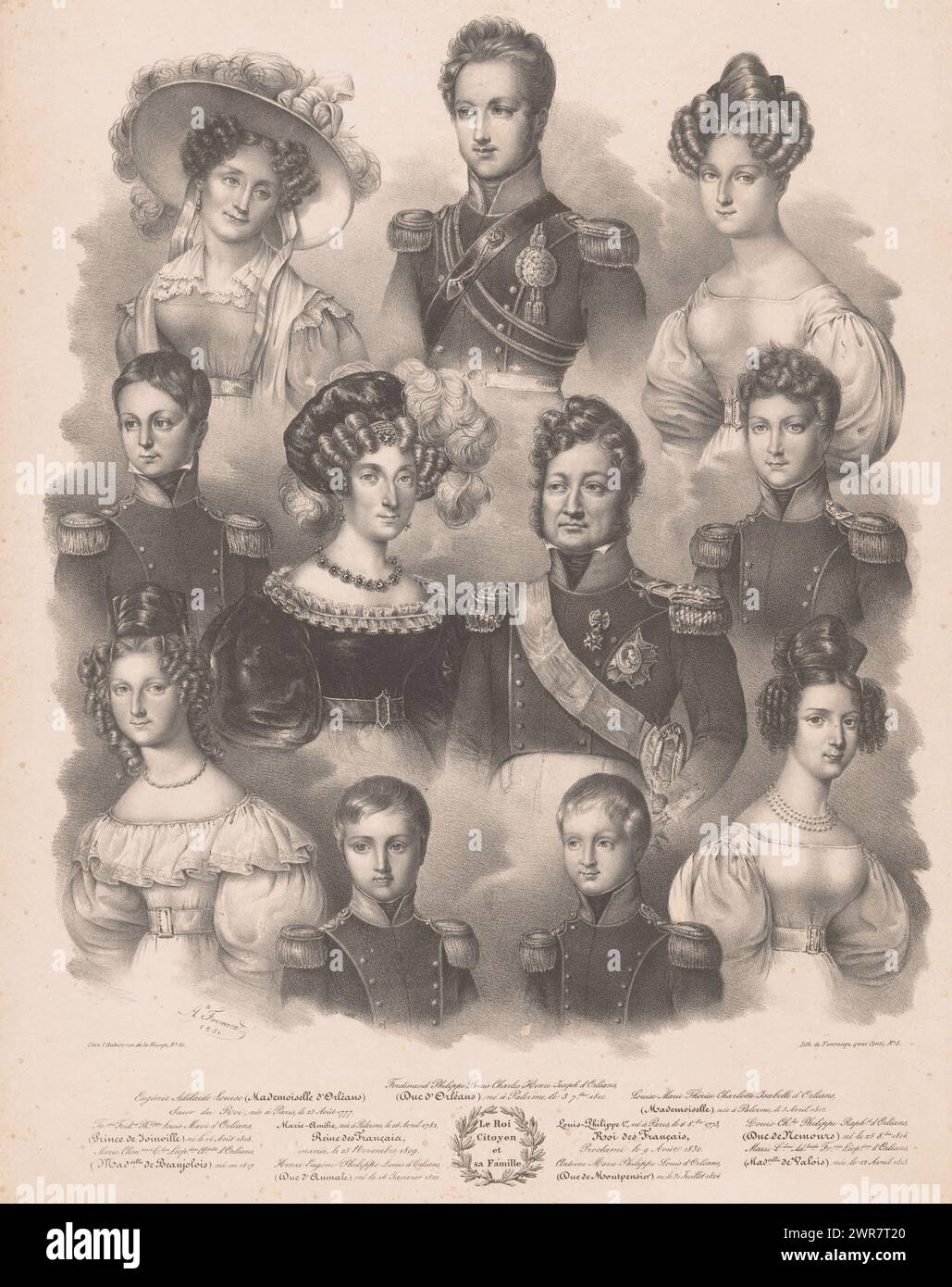 Portrait de Louis Philippe Ier et de sa famille, le Roi citoyen et sa famille (titre sur objet), imprimeur : Auguste Foucaud, imprimeur : Antoine Catherine Adolphe Fonrouge, Auguste Foucaud, Paris, 1830, papier, hauteur 439 mm × largeur 364 mm, impression Banque D'Images