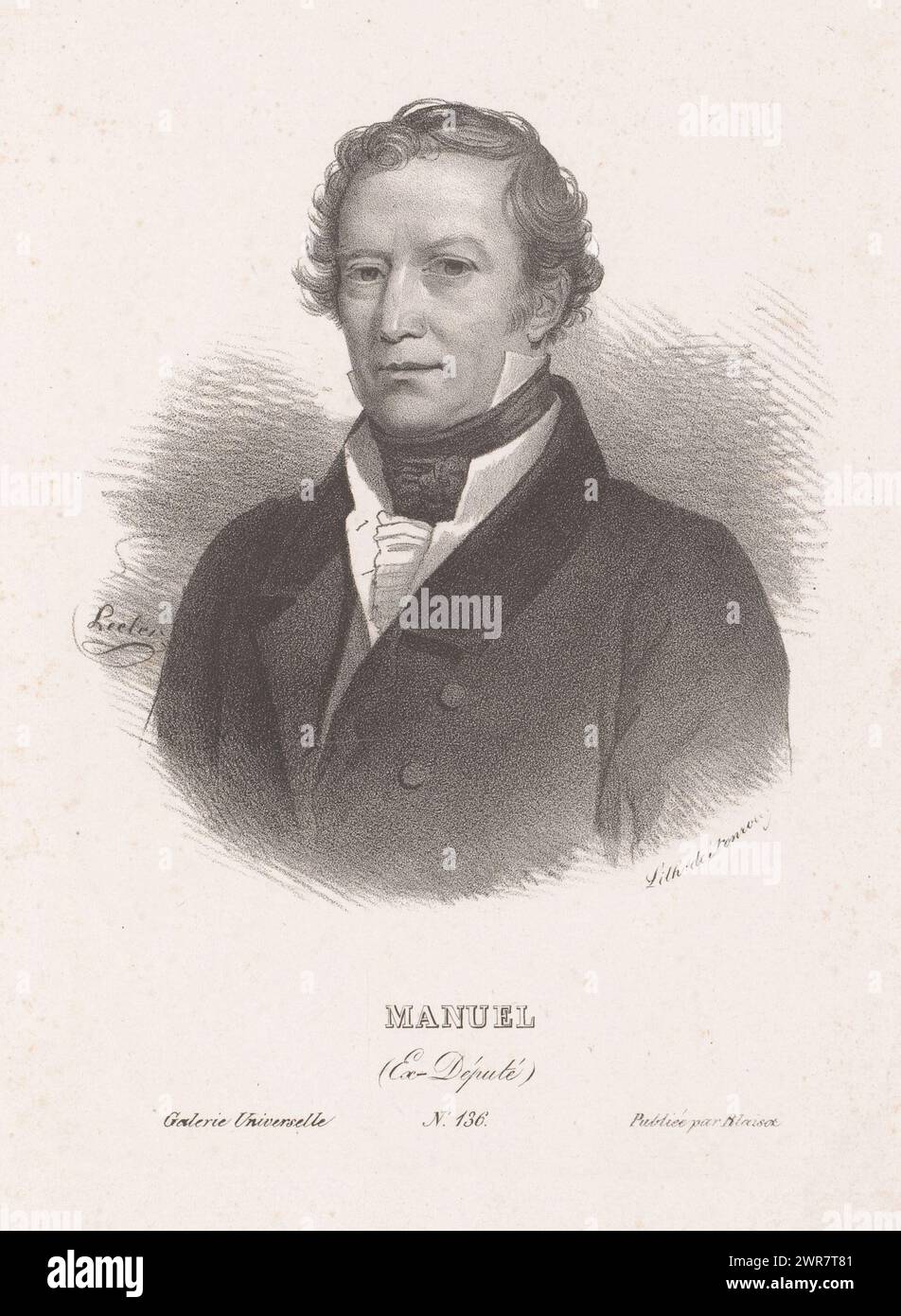 Portrait de Jacques-Antoine Manuel, Manuel (ex-député) (titre sur objet), Portrait Gallery of Blaisot (titre de la série), Galerie universelle (titre de la série sur objet), imprimeur : Auguste Toussaint Lecler, imprimeur : Antoine Catherine Adolphe Fonrouge, éditeur : Blaisot, Paris, 1829, papier, hauteur 281 mm × largeur 210 mm, impression Banque D'Images