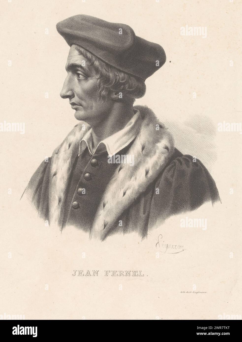 Portrait de Johannes Fernelius, Jean Fernel (titre sur objet), imprimeur : Pierre Roch Vigneron, imprimeur : Gottfried Engelmann, Paris, 1816 - 1833, papier, hauteur 402 mm × largeur 294 mm, impression Banque D'Images