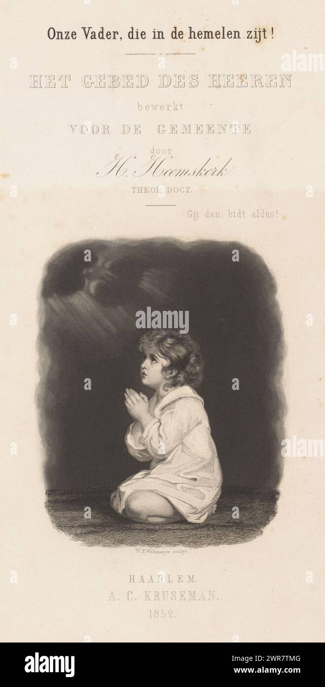 Praying Girl, page de titre pour : Heemskerk, H. Our Father Who art in Heaven!, 1852, Une fille s'agenouille sur le sol avec les mains pliées. Elle regarde vers le haut la lumière venant à travers les nuages., imprimeur : Willem Frederik Wehmeyer, éditeur : Arie Cornelis Kruseman, Haarlem, 1852, papier, gravure, gravure, hauteur 257 mm × largeur 170 mm, impression Banque D'Images
