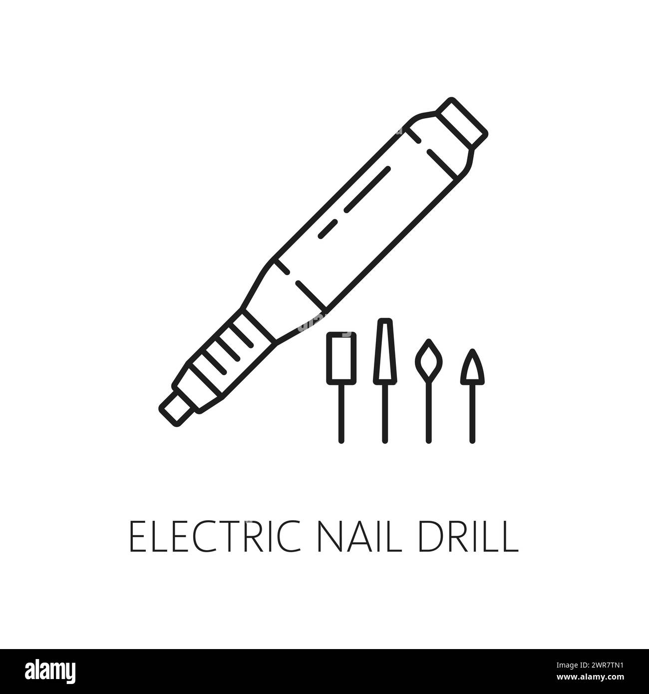 Icône de service de manucure d'ongle de perceuse à ongles électrique, de soins des mains et d'outils de beauté, vecteur de ligne. Manucure et soin des ongles ou dispositif de traitement de perceuse électrique pour ongles, pictogramme de contour mince Illustration de Vecteur