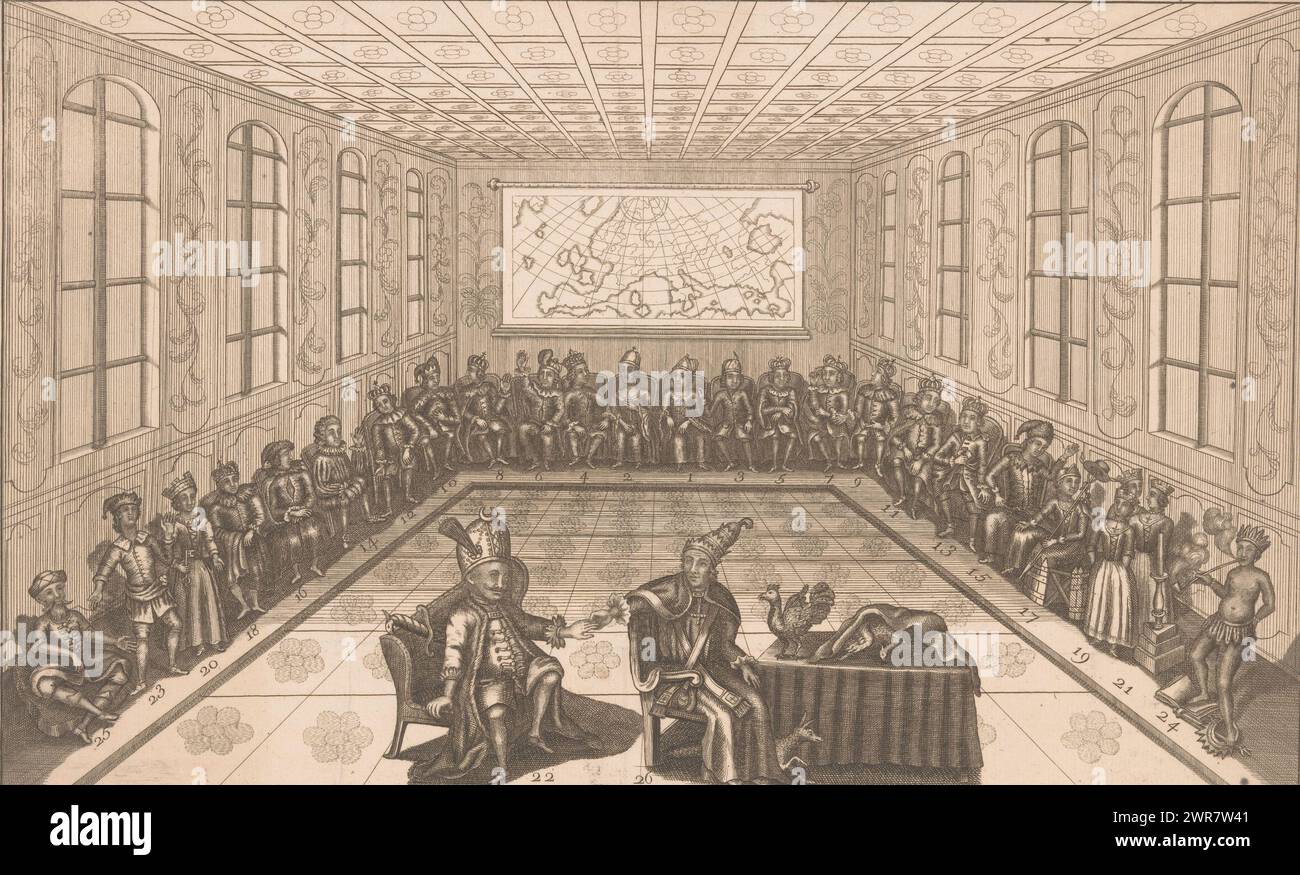 Caricature sur l'ordre mondial, le pape, avec la tiare papale, et le sultan, avec le turban avec le croissant de lune, assis dans une pièce, se tendre la main. A côté d'eux se trouve une table avec un coq et (sous un tissu) un paon. Assis le long des murs de la salle sont des dignitaires laïcs, des bouffons, des femmes avec des couronnes de la ville et un amérindien fumeur (à droite). Tous les chiffres sont numérotés., imprimeur : anonyme, Allemagne, 1700 - 1799, papier, gravure, hauteur 233 mm × largeur 368 mm, impression Banque D'Images