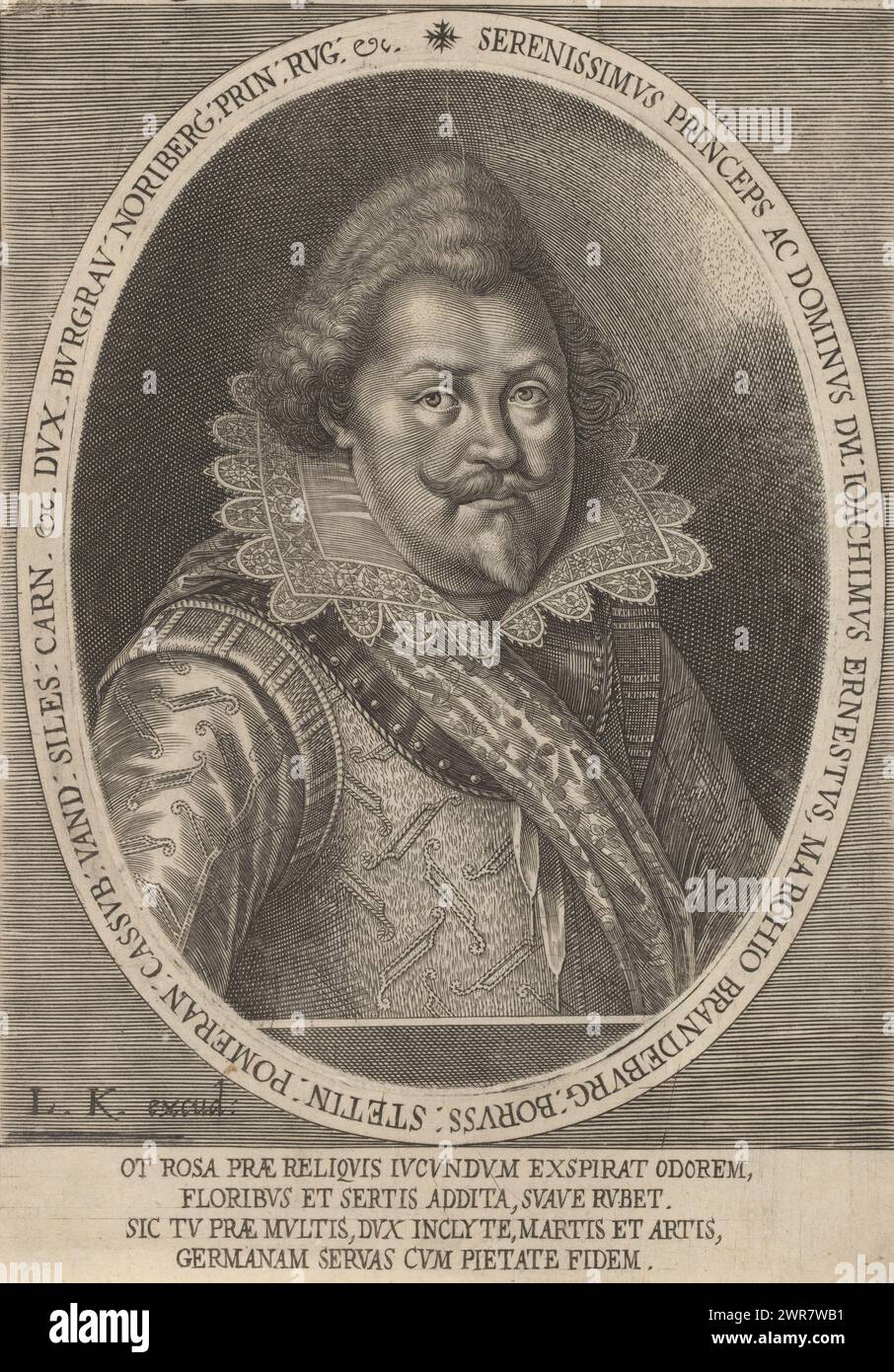 Portrait de Joachim Ernst von Brandenburg-Ansbach, texte en latin dans le cadre et dans la marge inférieure., imprimeur : Lucas Kilian, anonyme, éditeur : Lucas Kilian, 1603 - 1637, papier, gravure, hauteur 185 mm × largeur 132 mm, impression Banque D'Images