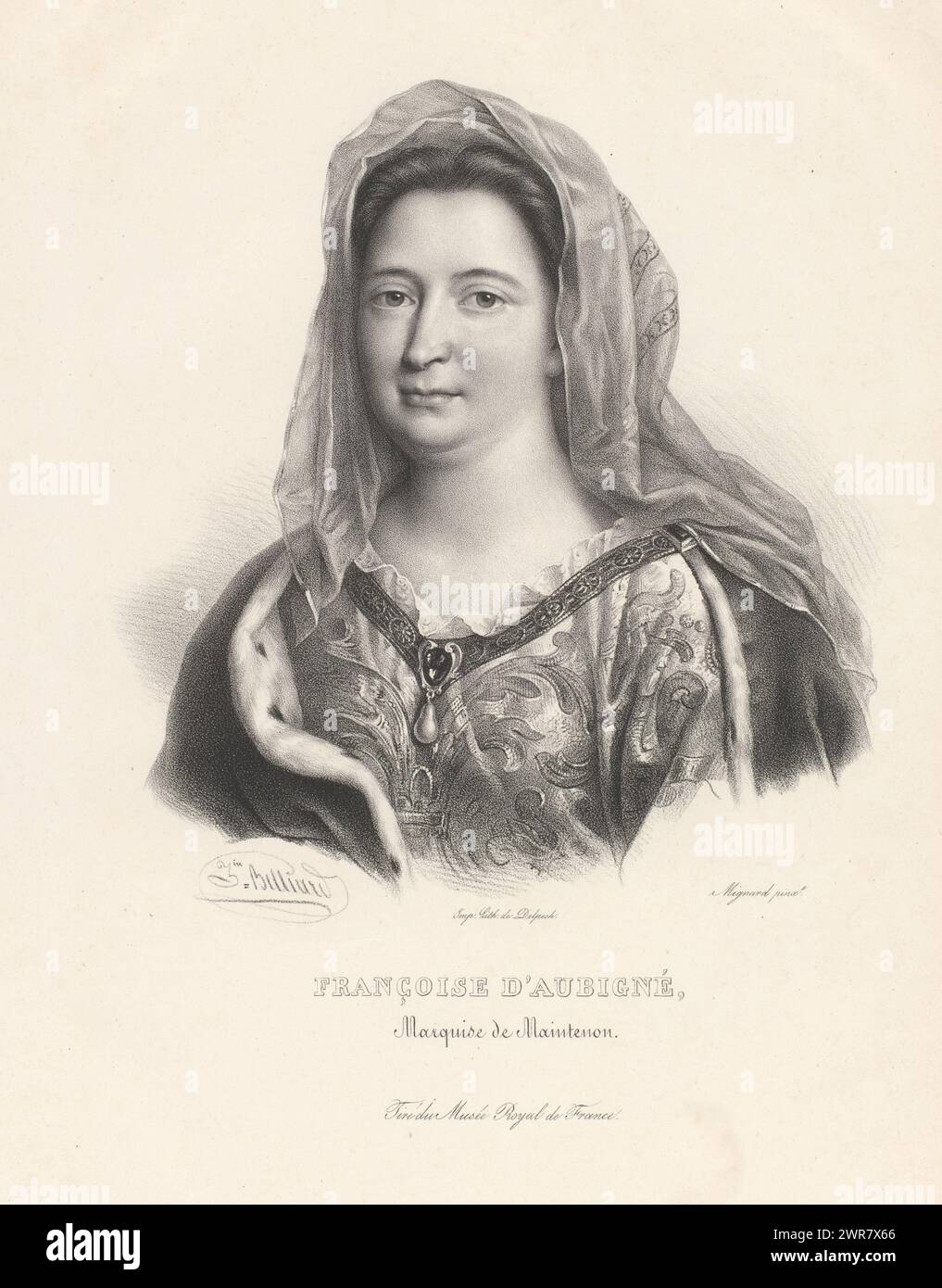 Portrait de Madame de Maintenon, Françoise d'Aubigné, marquise de Maintenon (titre sur objet), deux cents portraits entre les règnes de Charles VII et Louis XVI de France (titre de série), imprimeur : Zéphirin Félix Jean Marius Belliard, d'après la peinture de : Pierre Mignard (1612-1695), imprimeur: veuve Delpech (Naudet), Paris, 1829, papier, hauteur 456 mm × largeur 327 mm, impression Banque D'Images