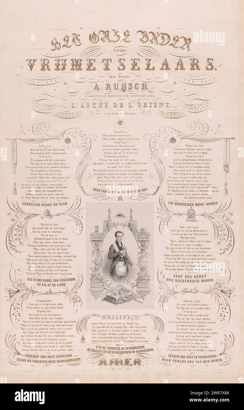 Portrait de Frederik, Prince des pays-Bas, la prière du Seigneur une fois franc-maçon (titre sur objet), Portrait de Frederik en tant que Grand Maître des francs-maçons dans un ovale d'objets allégoriques, y compris une boussole et un carré. Un marteau dans sa main droite. Il est entouré de sept colonnes avec du texte néerlandais., imprimeur : anonyme, A. Ruisch, éditeur : Joseph Vürtheim, imprimeur : pays-Bas, Editeur : Rotterdam, 1823 - 1900, papier, hauteur 896 mm × largeur 552 mm, imprimé Banque D'Images