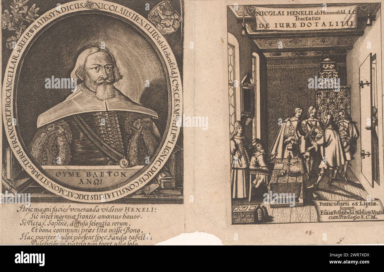 Portrait de Nikolaus Henel von Hennenfeld et une représentation de quatre hommes devant notaire, page titre pour : Nikolaus Henel von Hennenfeld, Tractatus de jure dotalitii, 1660 (titre sur objet), imprimeur : Wolfgang Hartmann, Balthasar Wilhelm Nussler, éditeur : Esaias Fellgiebel, 1660, papier, gravure, gravure, hauteur 185 mm, largeur 145 mm × hauteur 170 mm × largeur 121 mm, hauteur 184 mm × largeur 294 mm, impression Banque D'Images
