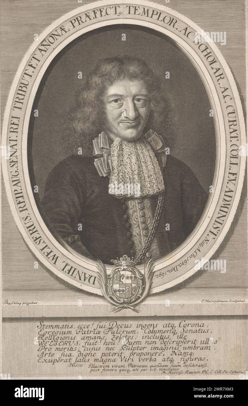 Portrait de Daniel Welser, avec poème de louange en latin., imprimeur : Elias Hainzelmann, après peinture par : Johann Christoph Beischlag, Narcissus Rauner, 1692 - 1693, papier, gravure, hauteur 293 mm × largeur 193 mm, impression Banque D'Images Portrait de Daniel Welser, avec poème de louange en latin., imprimeur : Elias Hainzelmann, après peinture par : Johann Christoph Beischlag, Narcissus Rauner, 1692 - 1693, papier, gravure, hauteur 293 mm × largeur 193 mm, impression Banque D'Images