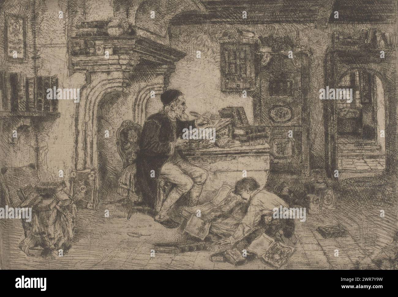 Homme d'écriture et garçon de lecture, imprimeur : Willem Linnig (II), 1852 - 1890, papier, gravure, hauteur 178 mm × largeur 255 mm, impression Banque D'Images