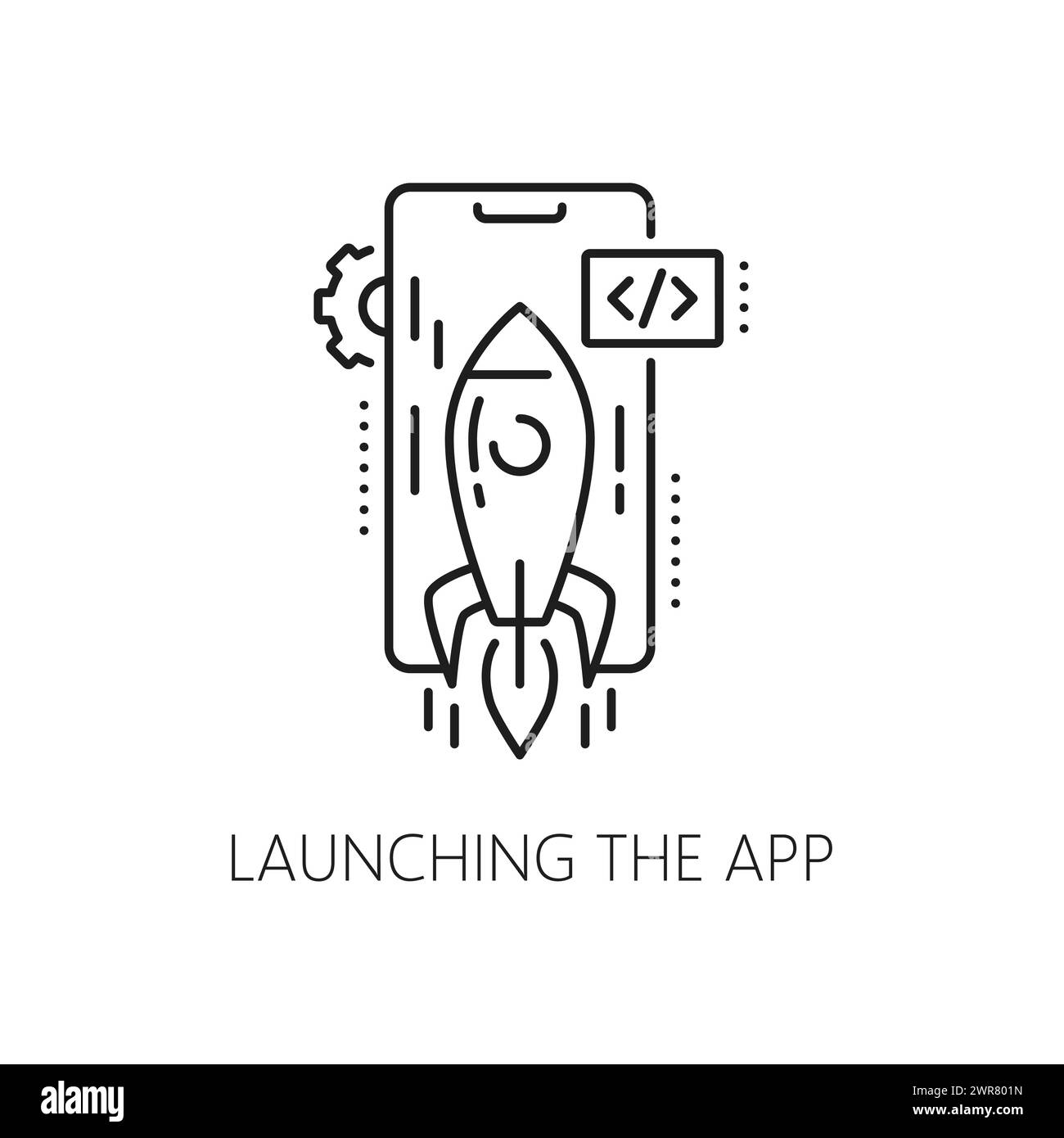 Lancement de l'application, icône de développement et d'optimisation de l'application Web. Pictogramme de lancement d'application mobile ou de développement de service, icône vectorielle de ligne mince de test de logiciel de réseau Web avec décollage de fusée Illustration de Vecteur