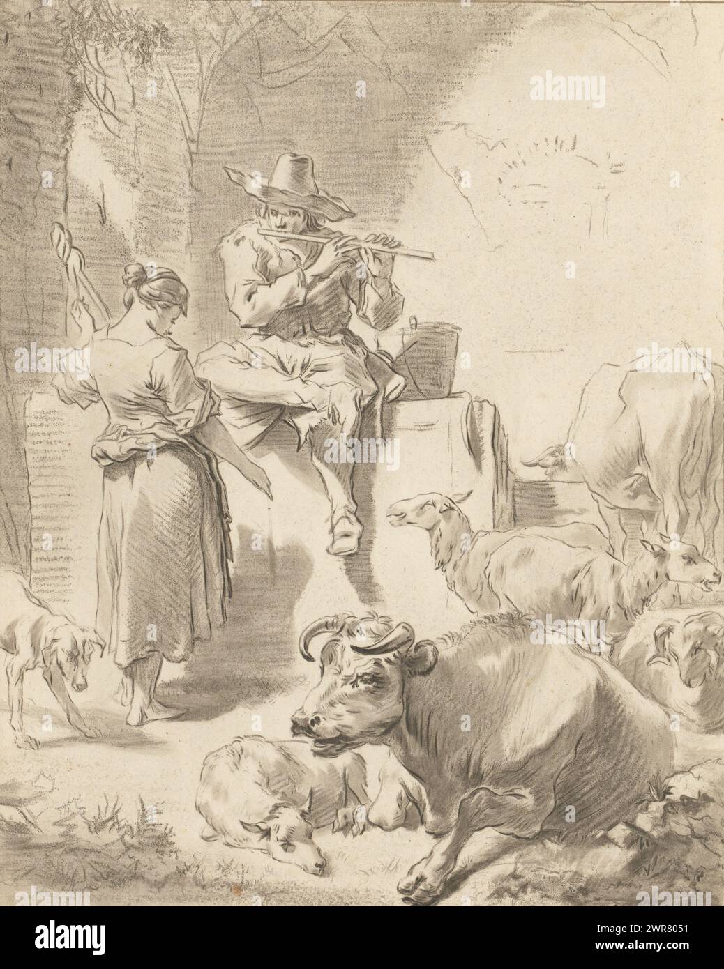 Berger jouant de la flûte et berger ronronnant, Un berger est assis sur un rocher et joue de la flûte. À côté de lui se tient une bergère qui ronronne. Les chèvres et les vaches entourent le couple. En dessous de l'impression est un dessin au crayon d'un homme avec un chapeau. L'impression est lâche dans un album, voir page 139., imprimeur : Jurriaan Cootwijck, après dessin par : Nicolaes Pietersz Berchem, Amsterdam, 1724 - 1798, papier, hauteur 248 mm × largeur 198 mm, impression Banque D'Images