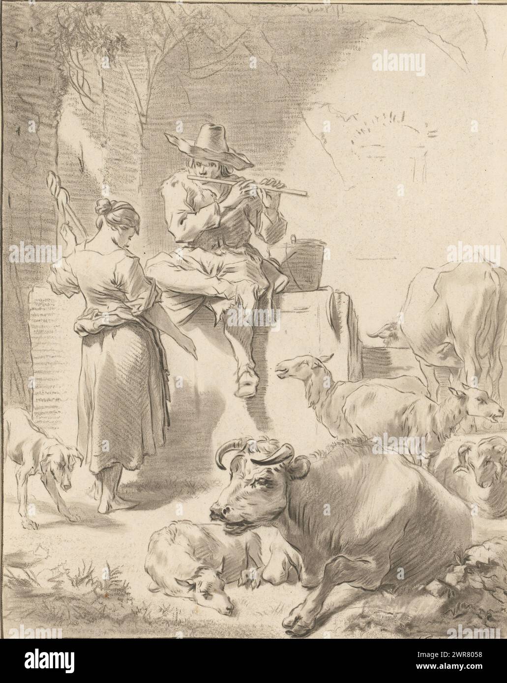 Berger jouant de la flûte et berger ronronnant, Un berger est assis sur un rocher et joue de la flûte. À côté de lui se tient une bergère qui ronronne. Les chèvres et les vaches entourent le couple. En dessous de l'impression est un dessin au crayon d'un homme avec un chapeau. L'impression est lâche dans un album, voir page 139., imprimeur : Jurriaan Cootwijck, après dessin par : Nicolaes Pietersz Berchem, Amsterdam, 1724 - 1798, papier, hauteur 254 mm × largeur 203 mm, impression Banque D'Images