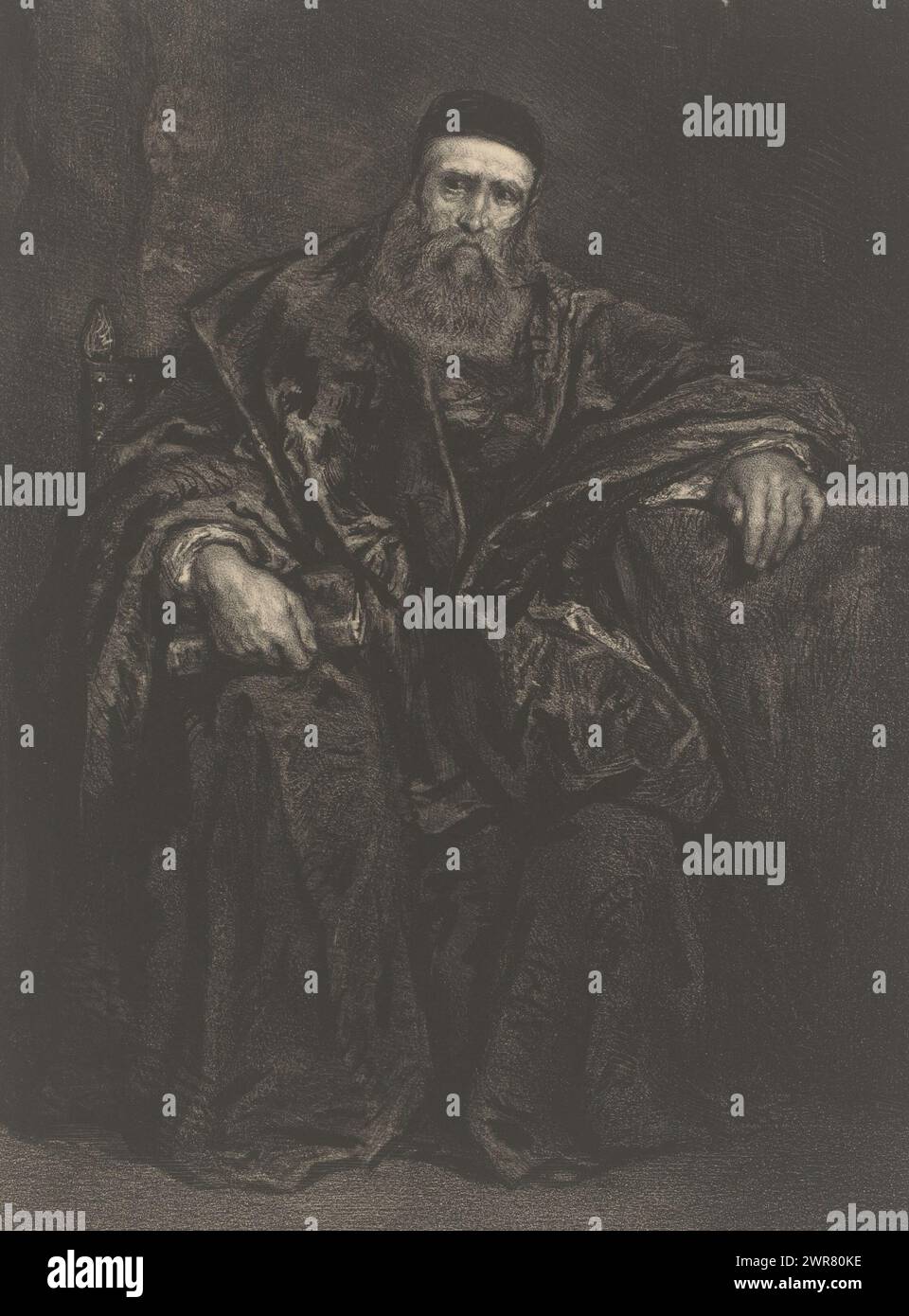 Homme assis à barbe et spacieux, manteau sombre tient un livre fermé, imprimeur : Adolphe Mouilleron, imprimeur : Victor Jacques Bertauts, Paris, 1830 - 1880, papier, hauteur 504 mm × largeur 352 mm, impression Banque D'Images