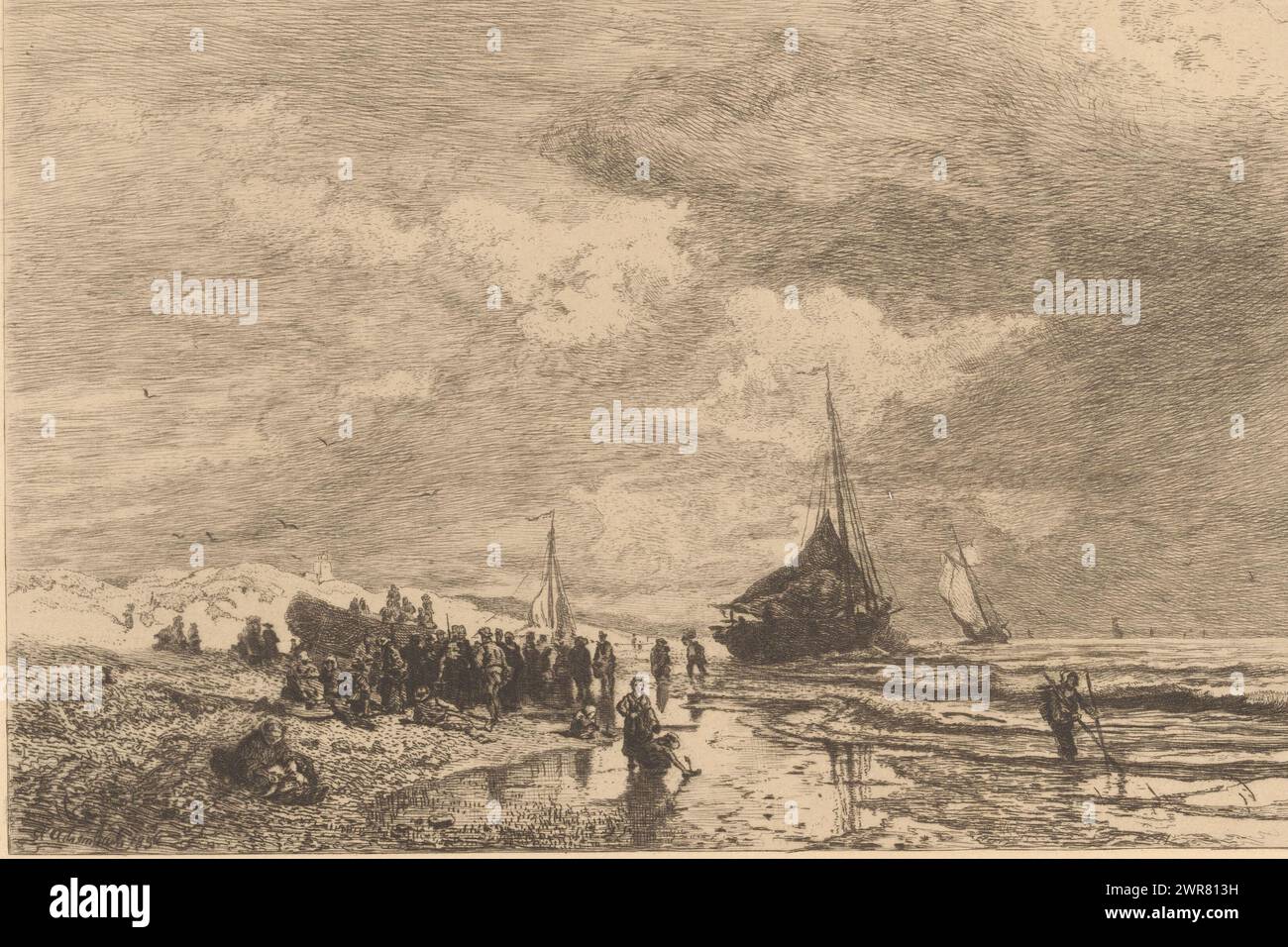 Scène de plage à marée basse, plage, imprimeur : Amédée Paul Greux, après peinture par : Andreas Achenbach, 1863 - 1880, papier, gravure, hauteur 151 mm × largeur 197 mm, impression Banque D'Images