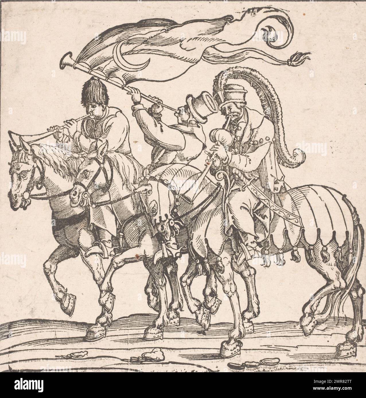 Trois musiciens turcs à cheval, imprimeur : anonyme, après impression par : Jan Swart van Groningen, 1530, papier, hauteur 260 mm × largeur 251 mm, impression Banque D'Images