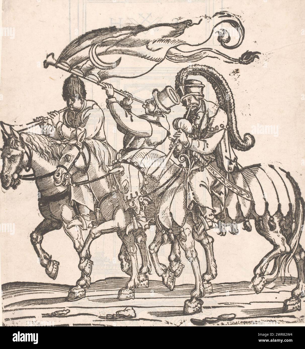 Trois musiciens turcs à cheval, imprimeur : anonyme, après impression par : Jan Swart van Groningen, 1530, papier, hauteur 262 mm × largeur 254 mm, impression Banque D'Images