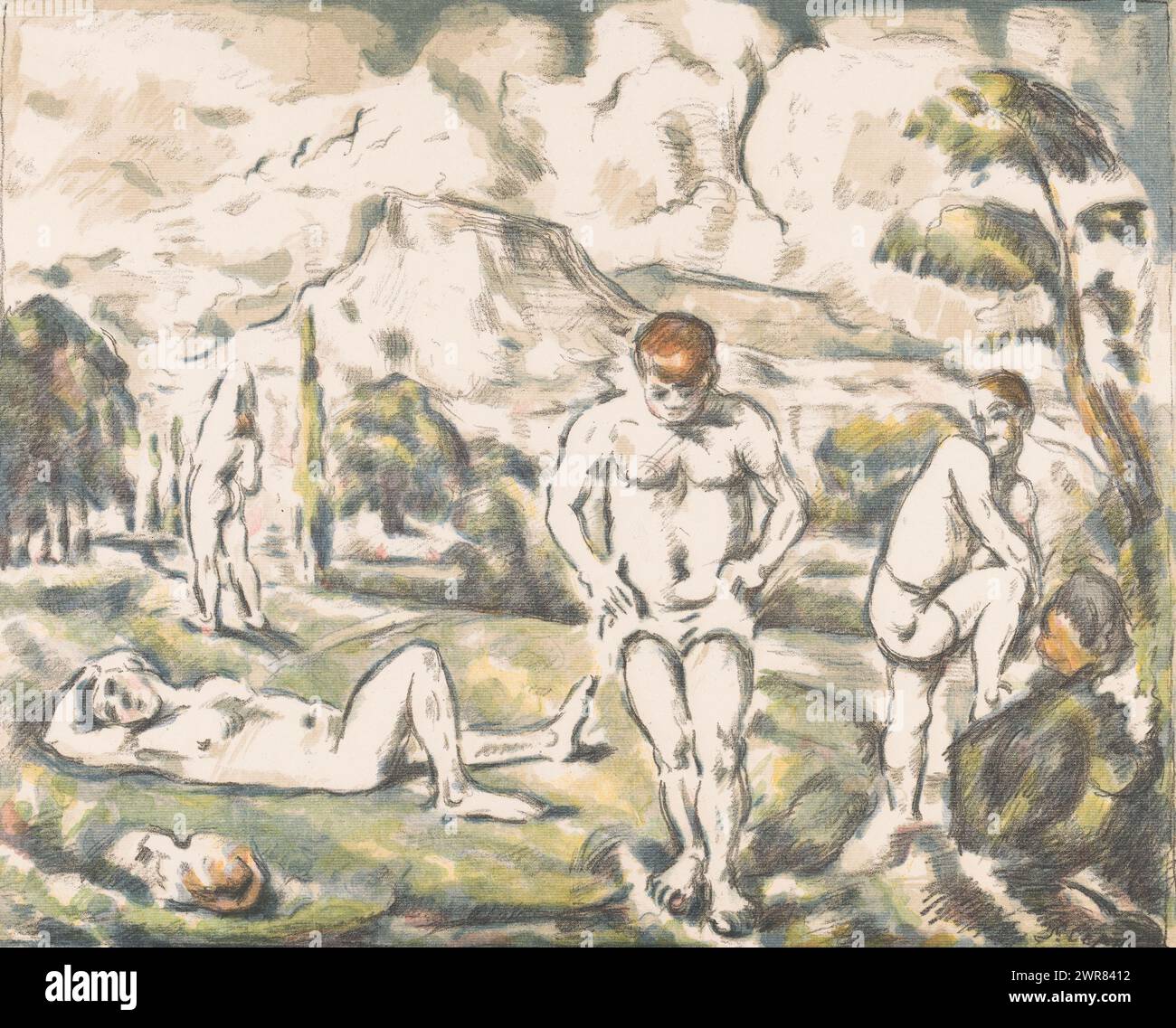Hommes baignant dans un paysage vallonné, les grands baigneurs, baigneurs au repos, imprimeur : Paul Cézanne, d'après peinture par : Paul Cézanne, imprimeur : Auguste Clot, Paris, c. 1896 - c. 1898, papier, hauteur 479 mm × largeur 635 mm, impression Banque D'Images