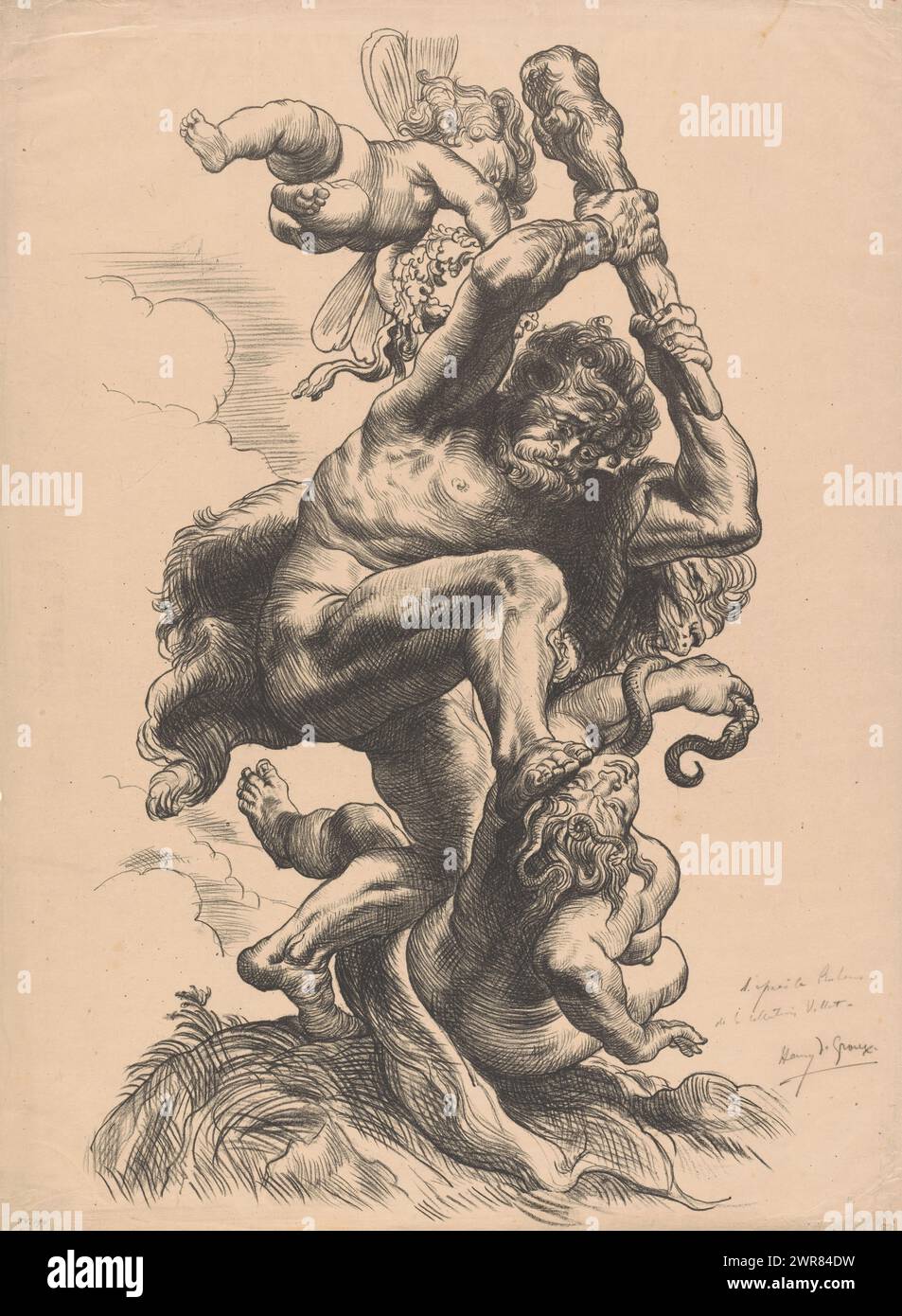 Hercule combattant l'hydre de Lerna, imprimeur : Henri de Groux, (signé par l'artiste), après conception par : Peter Paul Rubens, 1877 - 1930, papier, hauteur 662 mm × largeur 483 mm, tirage Banque D'Images