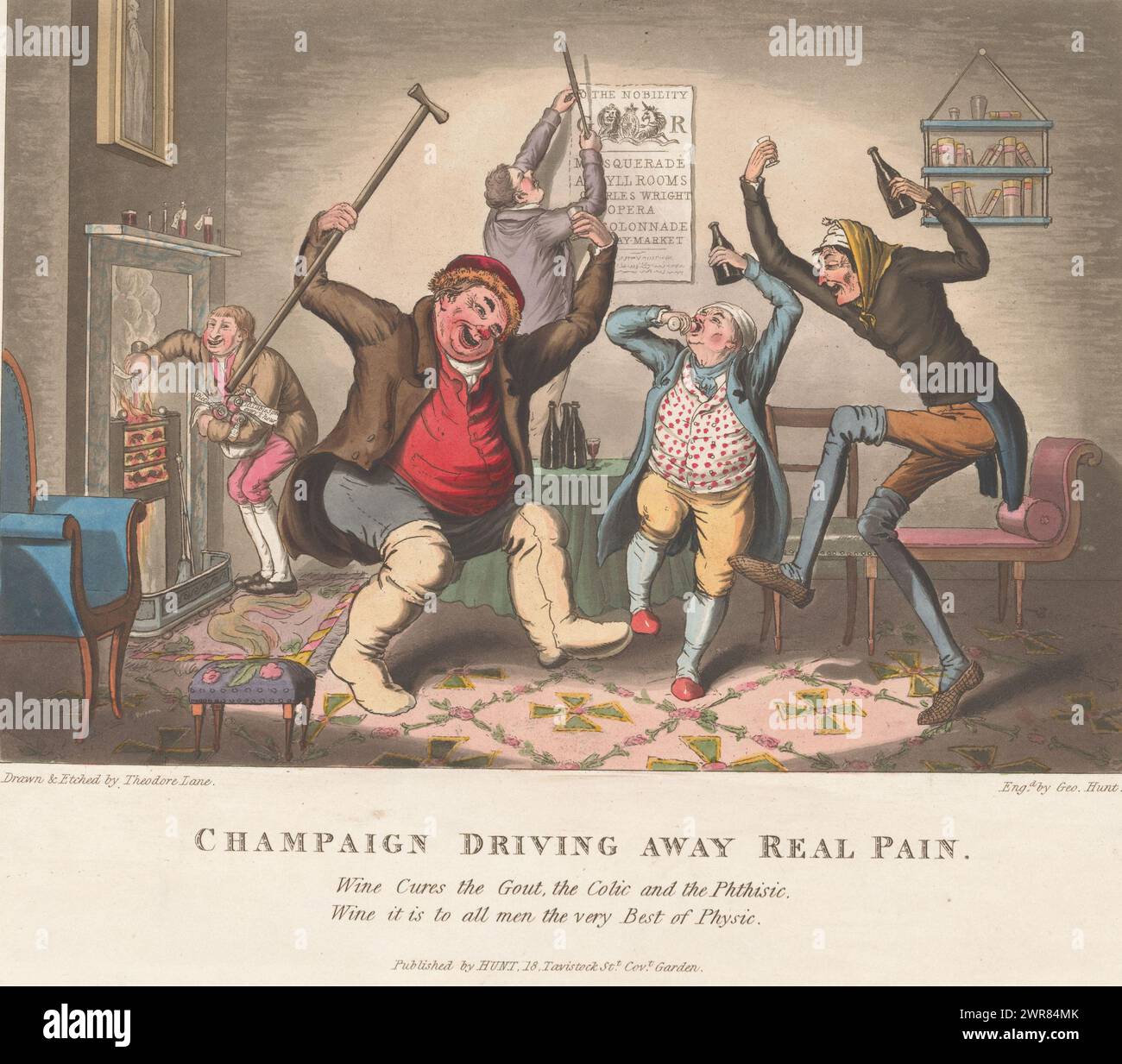 Champagne chasse la douleur, Champaign chasse la vraie douleur (titre sur l'objet), quatre messieurs font la joie et chassent leur douleur en buvant du vin. En arrière-plan, un homme verse des médicaments dans la cheminée. Sous le titre a two-line verse in English., imprimeur : Theodore Lane, après sa propre conception par : Theodore Lane, imprimeur : George Hunt, imprimeur : Angleterre, après sa propre conception par : Angleterre, imprimeur : Londres, éditeur : Londres, 1825 - 1826, papier, gravure, hauteur 240 mm × largeur 320 mm Banque D'Images