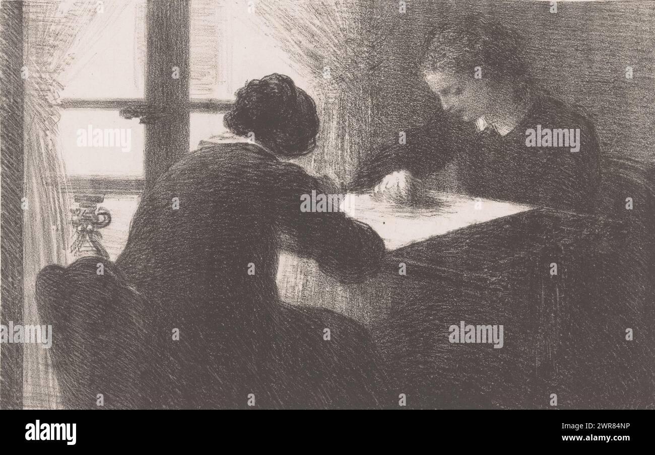 Deux brodeuses à une table près de la fenêtre, les brodeuses, imprimeur : Henri Fantin-Latour, imprimeur : Auguste Clot, Paris, 1898, papier, hauteur 279 mm × largeur 378 mm, impression Banque D'Images