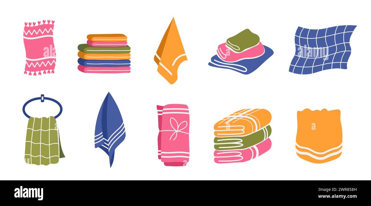 Silhouettes de serviettes de ménage. Vêtements doux frais de différentes couleurs pour la cuisine et la salle de bain. Tissu moelleux pour le visage, les mains et le corps Illustration de Vecteur