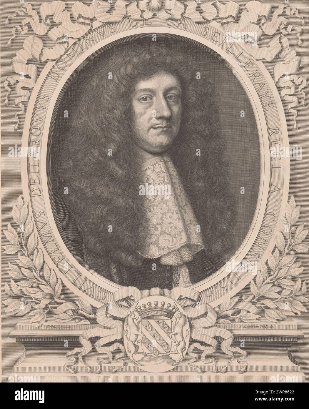 Portrait de Guillaume Deharovys, imprimeur : Pierre Lombard, après peinture par : Jean de Dieu, 1623 - 1682, papier, gravure, hauteur 362 mm × largeur 295 mm, tirage Banque D'Images