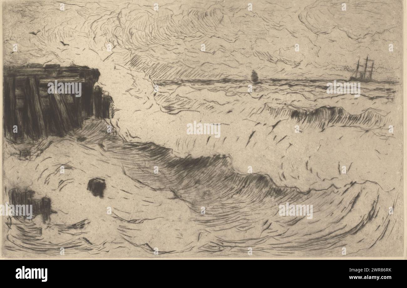 Mer sauvage avec un voilier sur un quai, imprimeur : Carel Nicolaas Storm van 's-Gravesande, (signé par l'artiste), 1851 - 1924, papier, point sec, hauteur 349 mm × largeur 535 mm, impression Banque D'Images