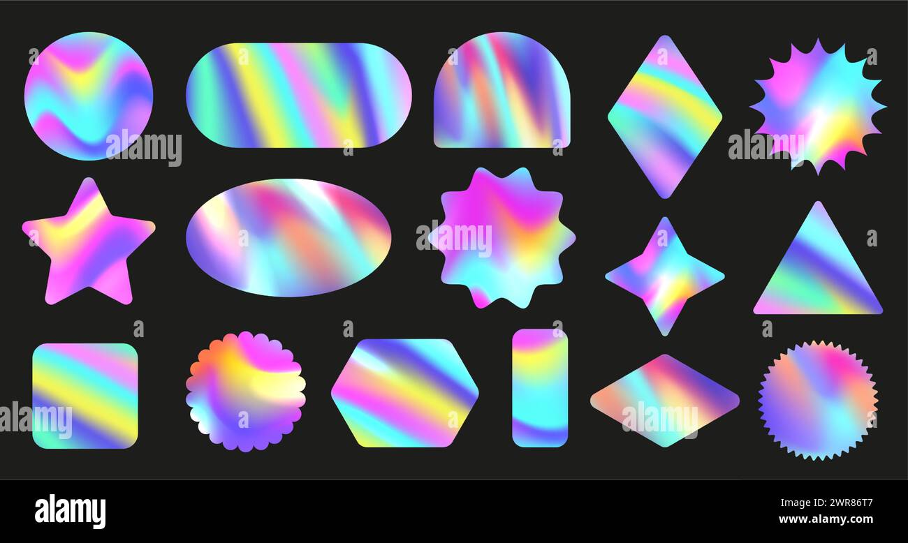 Formes d'autocollants holo iridescentes. Formes géométriques holographiques, ensemble de vecteur de décalques de feuille colorés Illustration de Vecteur