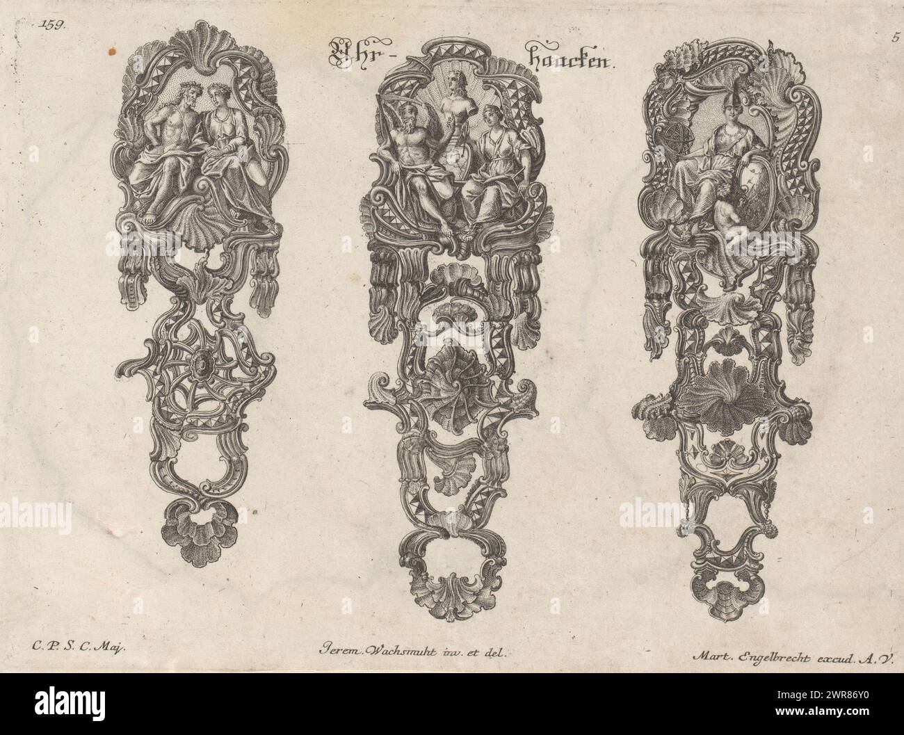 Crochets de montre, Uhr-haacken (titre sur l'objet), Hilts et crochets (titre de la série), trois crochets de montre ornementés. Laissé avec un homme et une femme avec une couronne de laurier. Au milieu avec le temps du Père et une femme avec globe, boussole et carré. Droit avec Minerva et un putto. Photo numéro 159., imprimeur : anonyme, après conception par : Jeremias Wachsmuth, éditeur : Martin Engelbrecht, Augsbourg, 1721 - 1756, papier, gravure, hauteur 177 mm × largeur 242 mm, impression Banque D'Images