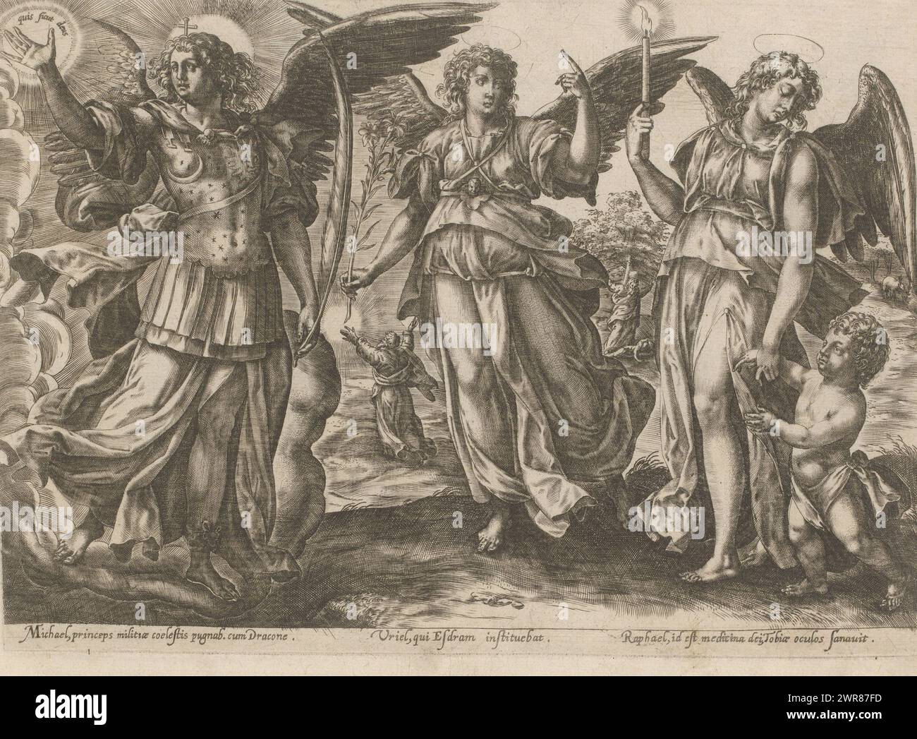 Michael, Uriel et Raphaël avec Tobias enfant, Archanges (titre de la série), imprimeur : anonyme, après conception par : Maerten de vos, éditeur : Gerard de Jode, 1583 - 1585, papier, gravure, hauteur 207 mm × largeur 292 mm, impression Banque D'Images