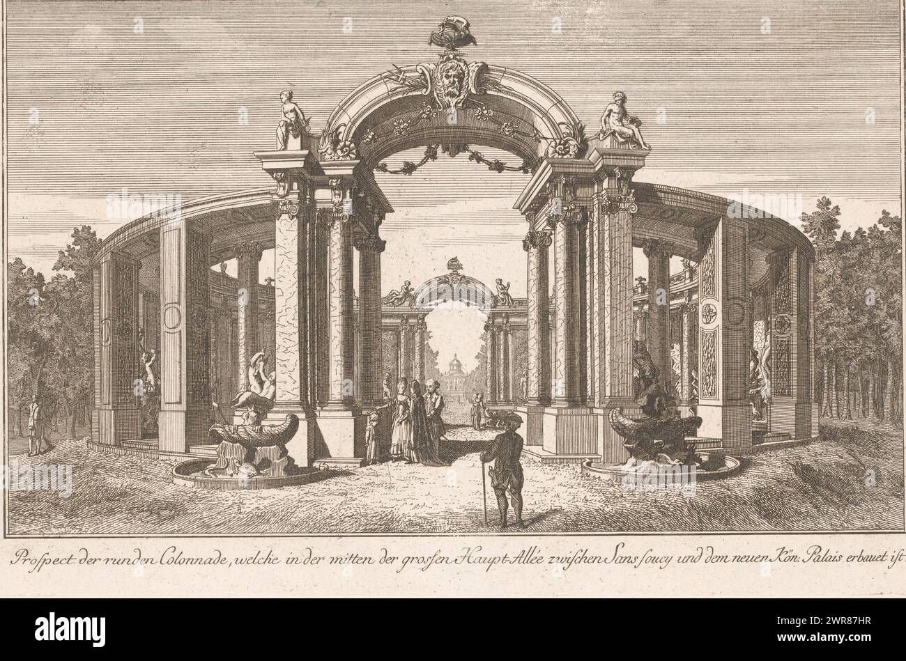 Vue d'une colonnade dans les jardins du palais de Sanssouci, Prospect der runden Colonnade, welche in der Mitten des grossen (...) (Titre sur objet), numéroté en haut à droite : 64., imprimeur : anonyme, éditeur : Johann David Schleuen (I), 1747 - 1774, papier, gravure, hauteur 213 mm × largeur 324 mm, impression Banque D'Images
