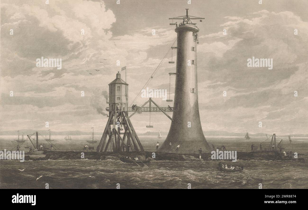 Construction du phare de Bell Rock, imprimeur : William Miller, après peinture par : Alexander Carse, après dessin par : G.C. Scott, 1806 - 1882, papier, gravure, gravure, hauteur 309 mm × largeur 462 mm, impression Banque D'Images