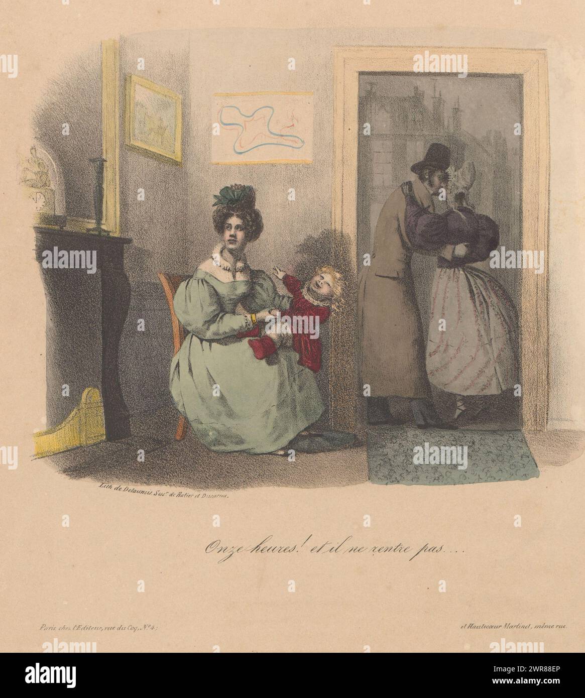 La femme trompée, nos heures ! et il ne rentre pas ... (Titre sur objet), la femme s'assoit avec l'enfant sur ses genoux en attendant le retour de son mari, qui embrasse une autre femme dans la porte. Numéroté en haut à droite : No. 16., imprimeur : anonyme, imprimeur : Nicolas Louis Delaunois, éditeur : Hautecoeur Martinet, imprimeur : France, éditeur : Paris, 1830 - 1831, papier, hauteur 291 mm × largeur 227 mm Banque D'Images