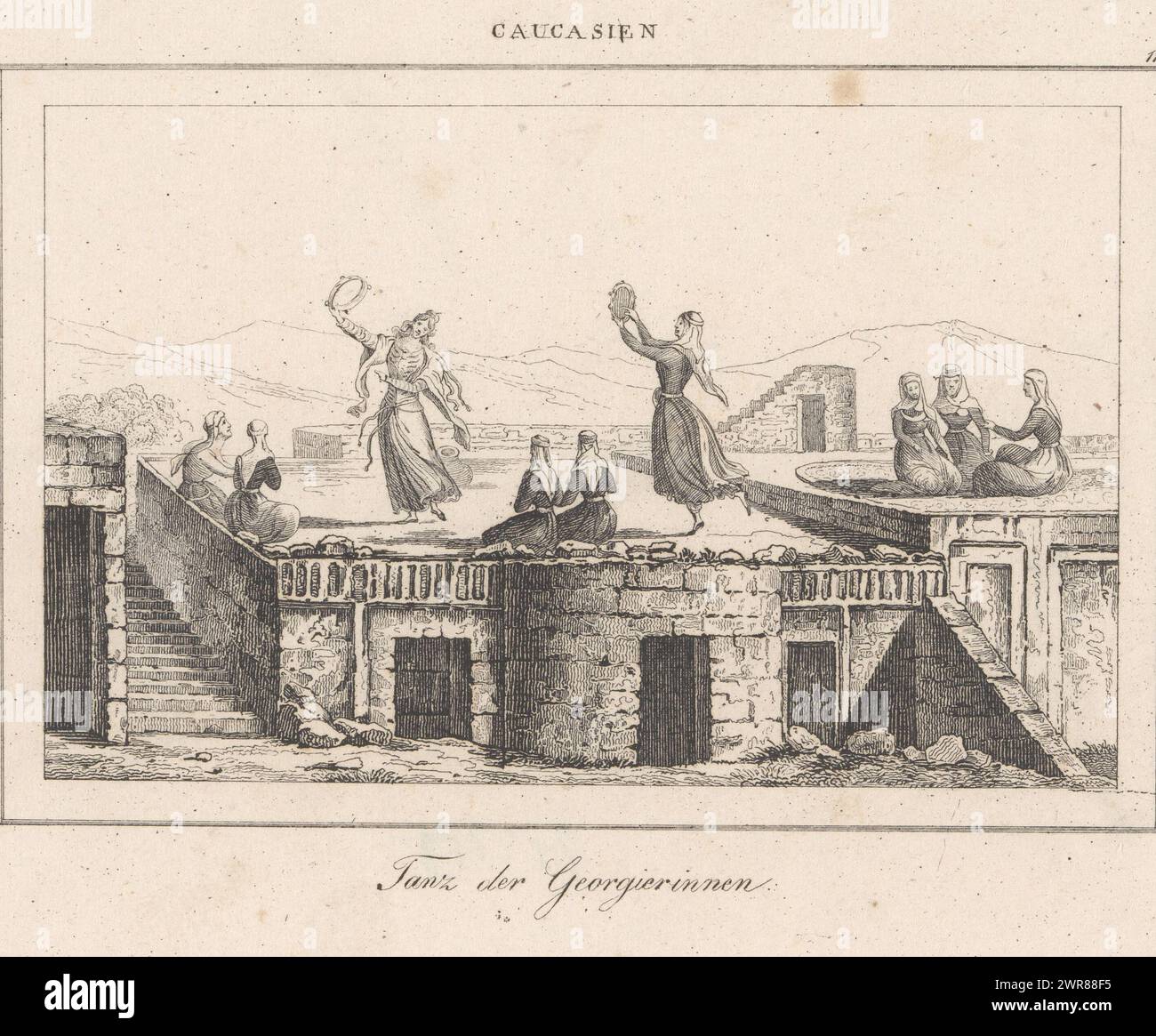 Femmes dansantes sur un toit, caucasien / Tanz der Georgierinnen (titre sur objet), figures du Caucase (titre de la série), numérotées en haut à droite : 11., imprimeur : anonyme, éditeur : Firmin Didot frères, (éventuellement), Allemagne, (éventuellement), 1800 - 1899, papier, hauteur 142 mm × largeur 226 mm, impression Banque D'Images