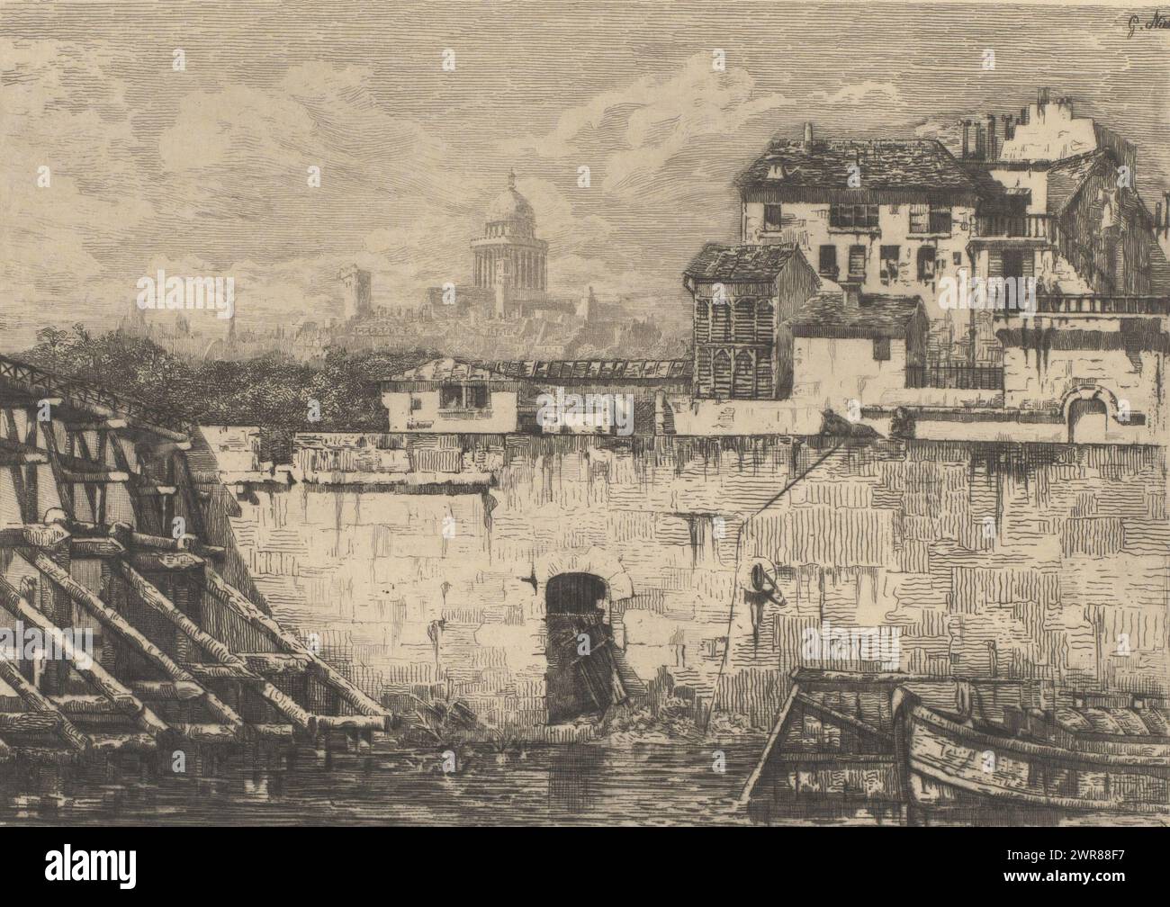 Vue sur la Seine avec le dôme du Panthéon en arrière-plan, imprimeur : Gabrielle-Marie Niel, 1850 - 1940, papier, gravure, pointe sèche, hauteur 243 mm × largeur 320 mm, impression Banque D'Images