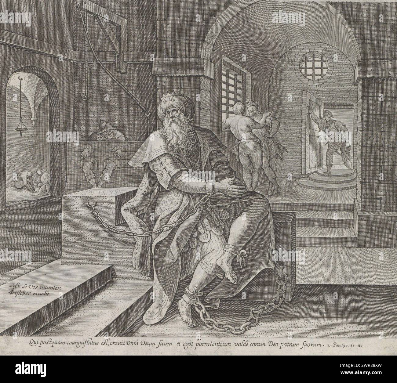 Le roi Manassé en prison, pénitence et contrition dans l'ancien Testament et le Nouveau Testament (titre de la série), Typus Divinae indulgentiae atqz misericordiae, erga eos quibus ex toto corde transgressionum poeni tet et ad dnm deum se convertunt (titre de la série), Theatrum Biblicum hoc est Historiae Sacrae Veteris et Novi Testamenti Tabulis Aeneis Expressae (titre de la série), le roi Manassé de Juda se convertit dans les donjons de Babylone. Il prie Dieu et reçoit une réponse. En dessous de la scène une référence en latin au texte biblique de 2 Chron. 33:11. Cette impression fait partie d'un album., imprimeur : anonyme Banque D'Images