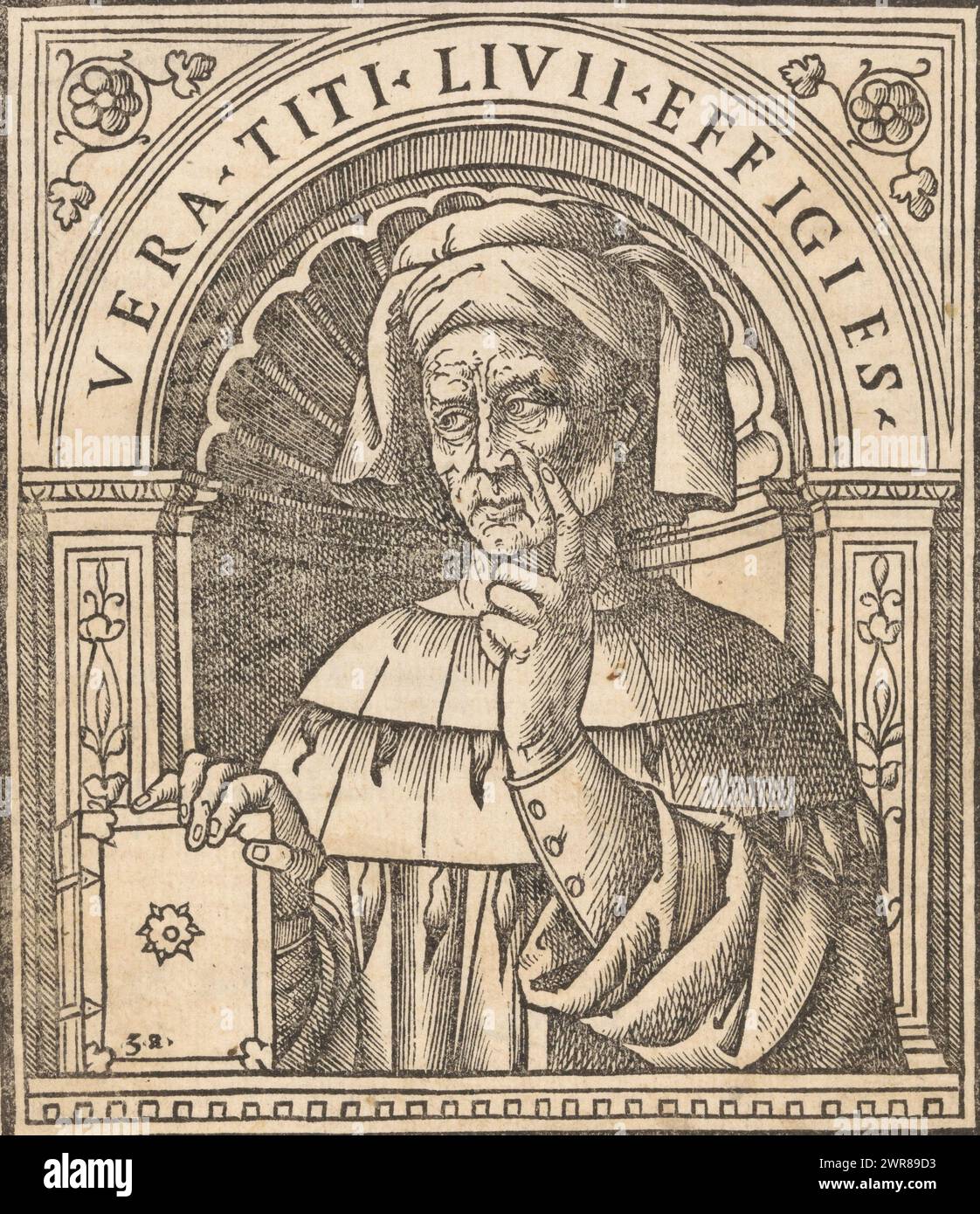 Portrait Livius, Vera titi Livii effigies (titre sur l'objet), Titus Livius (vers 59 av. J.-C. - 17 av. J.-C.) était un célèbre historien romain de l'époque d'Auguste. Portrait de demi-corps, à gauche dans une niche ronde, la main gauche levée, la main droite reposant sur un livre., imprimeur: Giovanni Andrea Vavassore, après c. 1535, papier, impression Banque D'Images