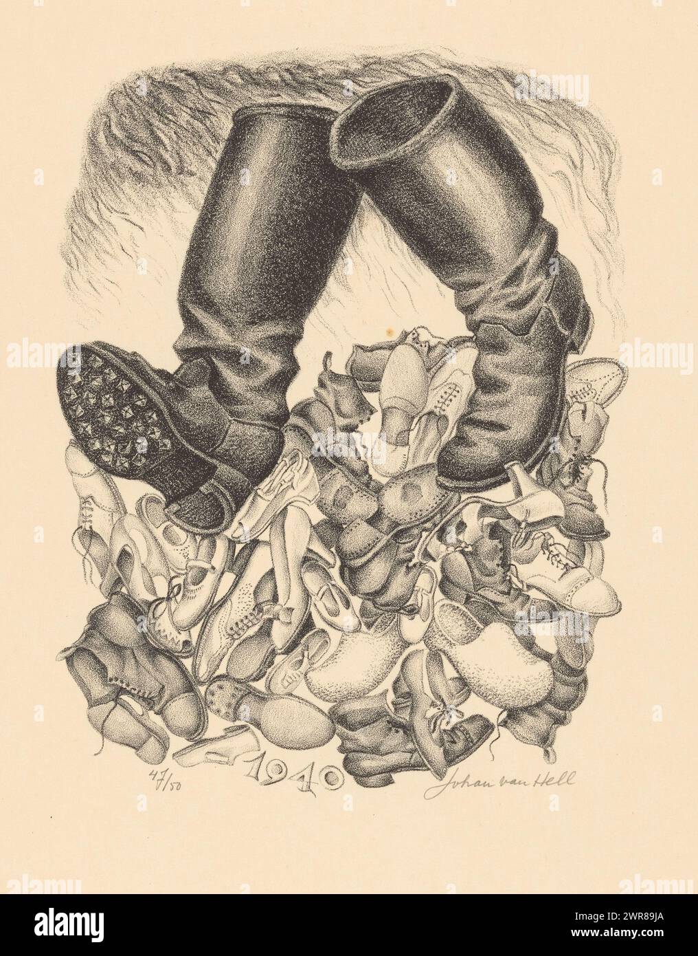 Boots (titre original), Une paire de bottes qui vont sur des chaussures, des escarpins et des sabots, comme un symbole de la domination allemande sur le peuple néerlandais. Ci-dessous toute l'année 1940., imprimeur : Johan van Hell, (signé par l'artiste), 1940 - 1945, papier, hauteur 448 mm × largeur 328 mm, impression Banque D'Images