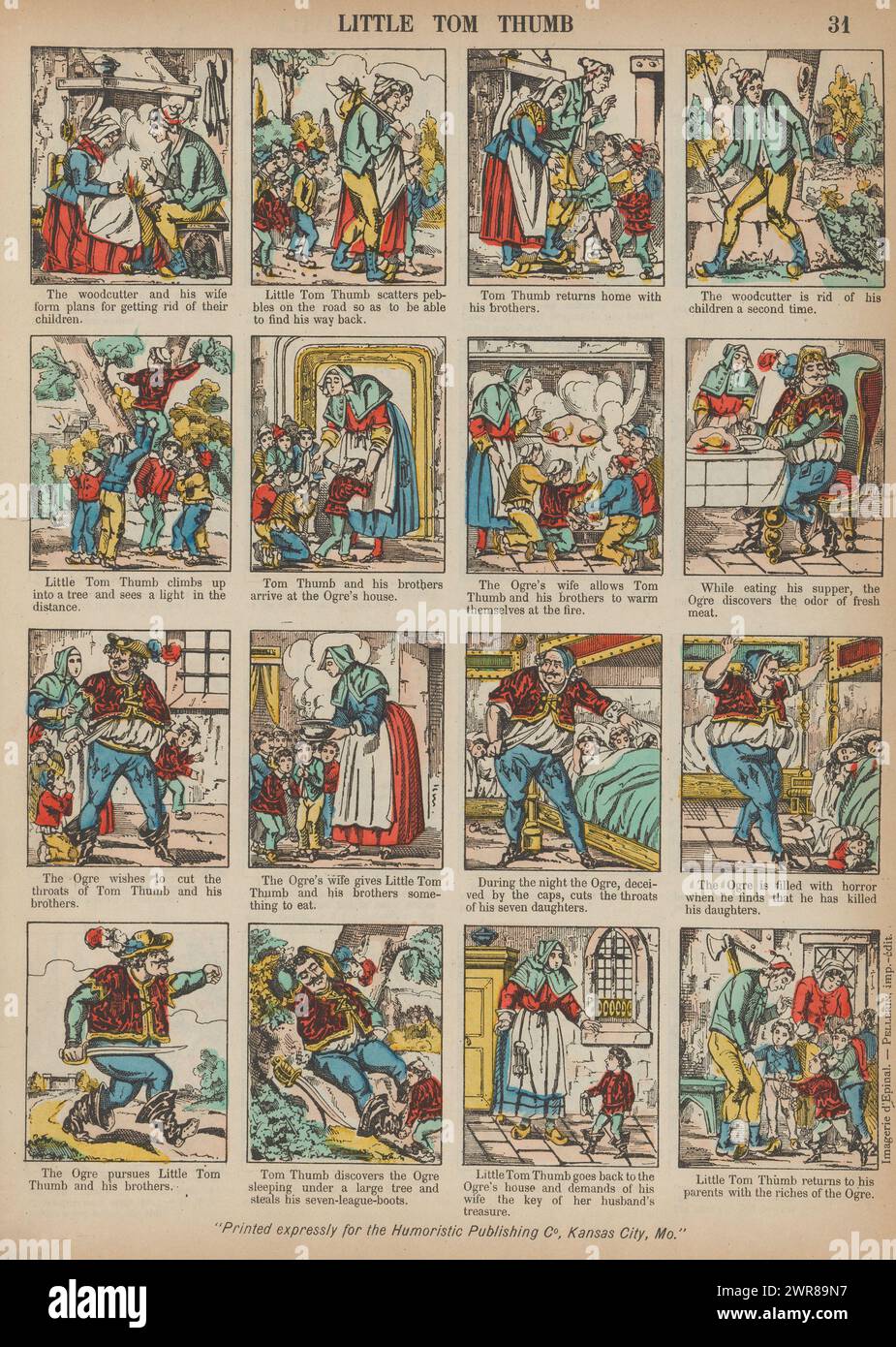 Tom Thumb, Little Tom Thumb (titre sur objet), contes de fées (titre de la série), contes des fées (titre de la série), feuille avec seize représentations avec l'histoire de Tom Thumb. Une légende en anglais sous chaque représentation. Cette estampe fait partie d'un album., éditeur : imagerie d'Epinal - Pellerin, imprimeur : anonyme, imprimeur : imagerie d'Epinal - Pellerin, éditeur : Épinal, imprimeur : Épinal, Kansas City (Missouri), 1893 - 1894, papier, impression typographique, hauteur 399 mm × largeur 295 mm, impression Banque D'Images
