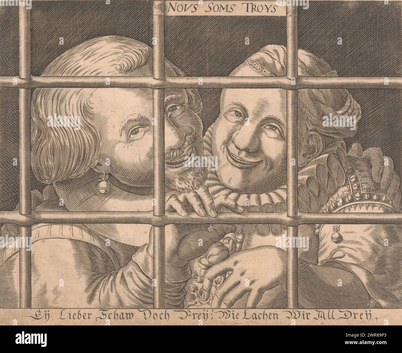 Jester et femme derrière les barreaux, nous Sometimes Troys (titre sur objet), imprimeur : anonyme, Allemagne, 1590 - 1605, papier, gravure, hauteur 236 mm × largeur 296 mm, impression Banque D'Images