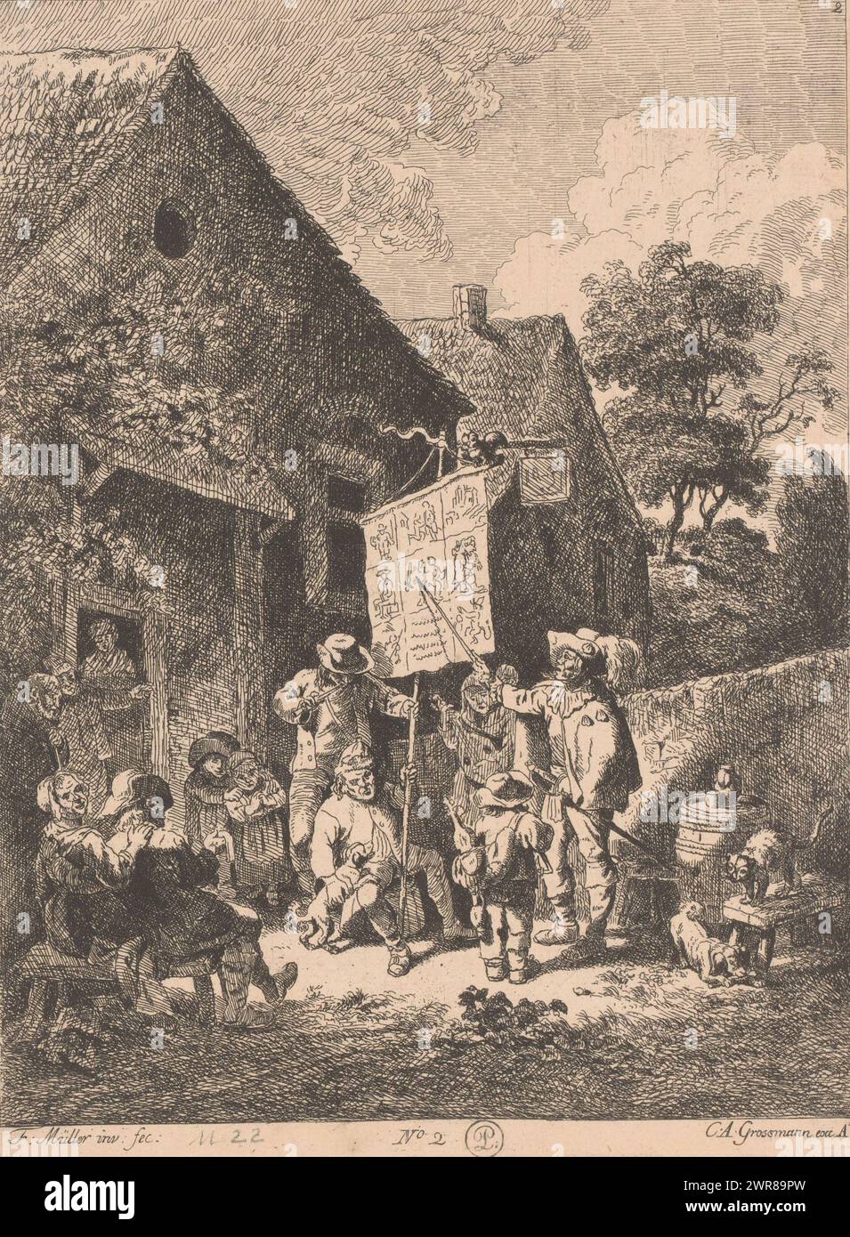 Musiciens de rue, musiciens d'État et chanteur de rue devant une auberge. Les scènes que le chanteur chante peuvent être vues sur une plaque sur un bâton. Le chanteur les signale. Avec les passants. Le numéro 2 est imprimé en haut à droite., imprimeur : Friedrich Müller, éditeur : Carl August Grossmann, 1775, papier, gravure, hauteur 234 mm × largeur 175 mm, impression Banque D'Images