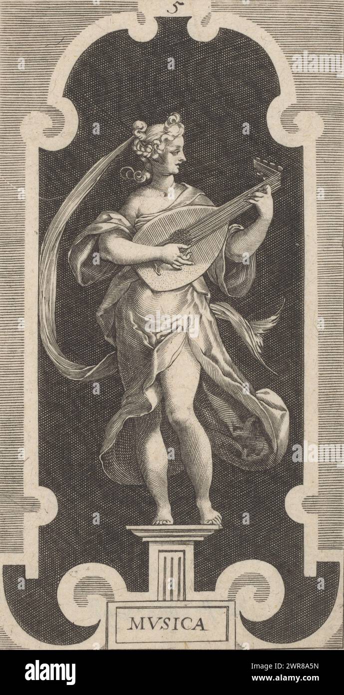 Personnification de la musique, sept arts libéraux en image (titre de la série), Septem Artium Liberalium icones (titre de la série), imprimeur : Lucas Kilian, éditeur : Jakob von Sandrart, 1640 - 1708, papier, gravure, hauteur 162 mm × largeur 84 mm, tirage Banque D'Images