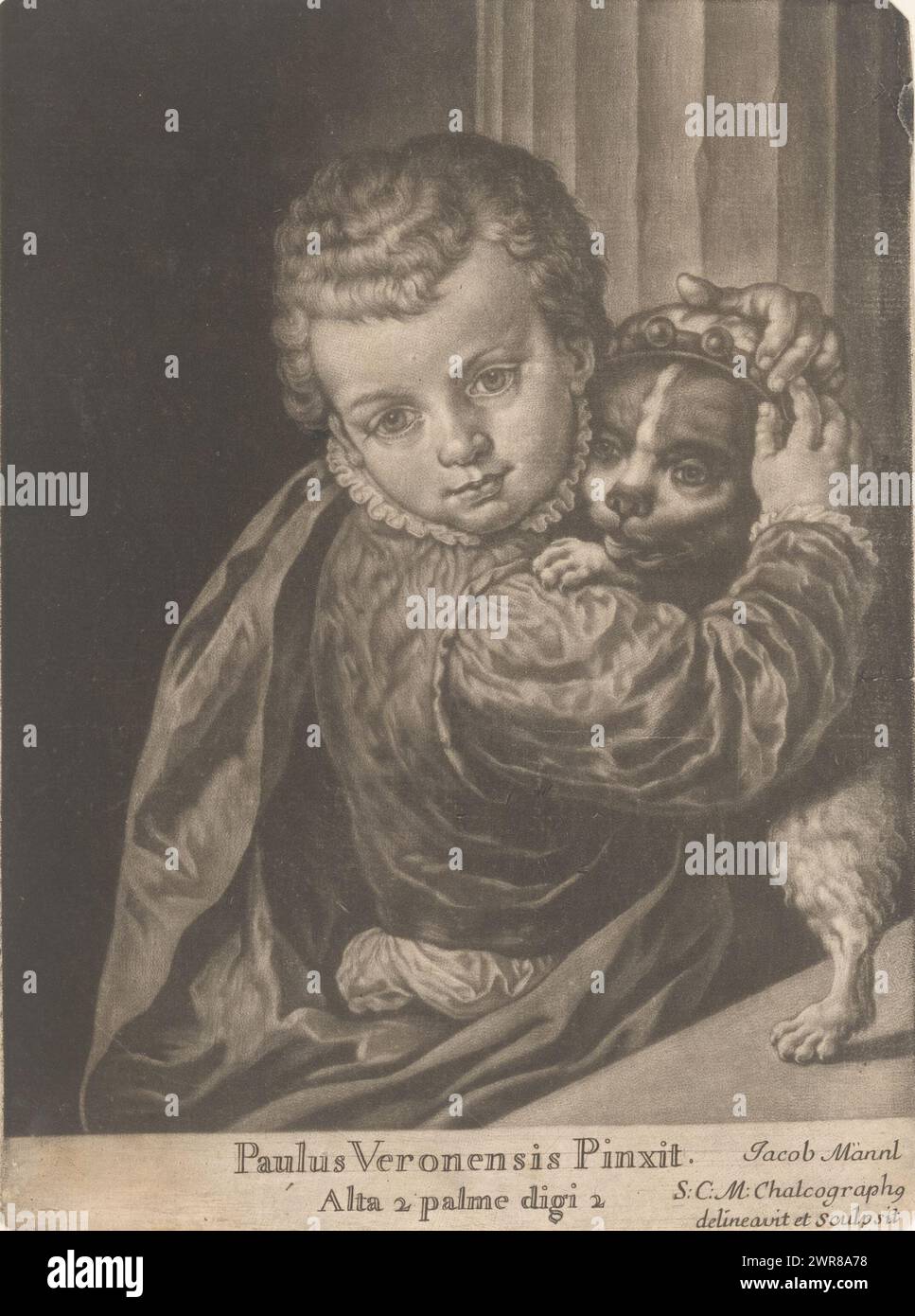 Garçon avec chien, peintures de la Galerie Impériale de Vienne (titre de la série), imprimeur : Jakob Männl, d'après la peinture de : Paolo Veronese, 1663 - 1712, papier, hauteur 234 mm × largeur 170 mm, impression Banque D'Images