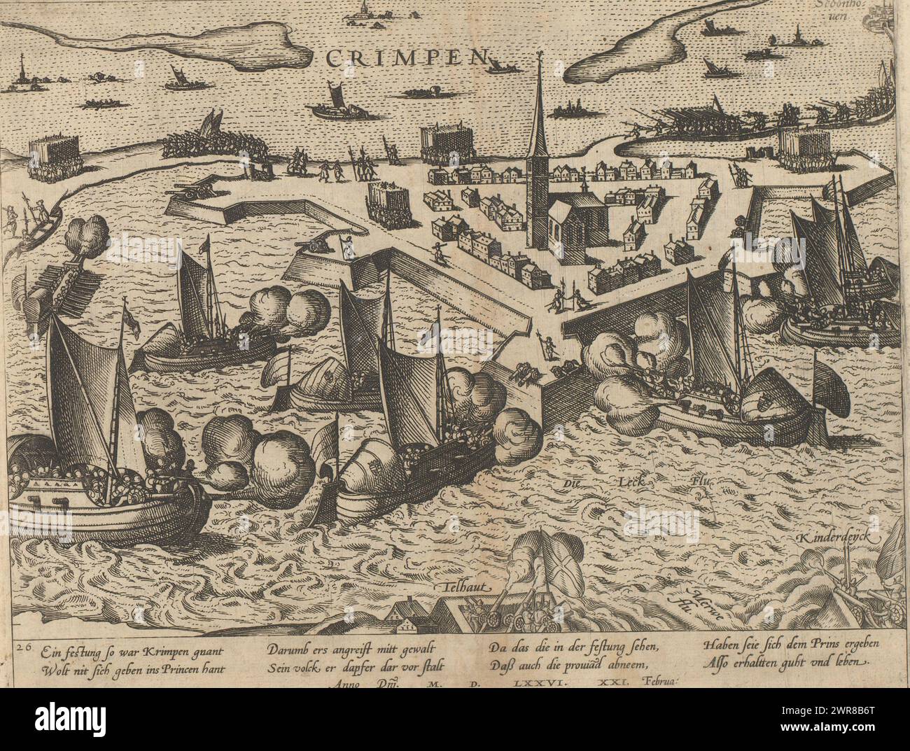 Capture de Krimpen, 1576, Series 6 : Dutch Events, 1571-1576 (titre de la série), Siège de Krimpen aan de Lek par l'armée du prince. Les navires du prince bombardent la ville fortifiée de l'eau. Krimpen se rendit le 21 février 1576. Avec légende de 8 lignes en allemand. Numéroté : 26. L'estampe fait partie d'un album., imprimeur : Frans Hogenberg, Cologne, 1576 - 1578, papier, gravure, hauteur 216 mm × largeur 275 mm, impression Banque D'Images