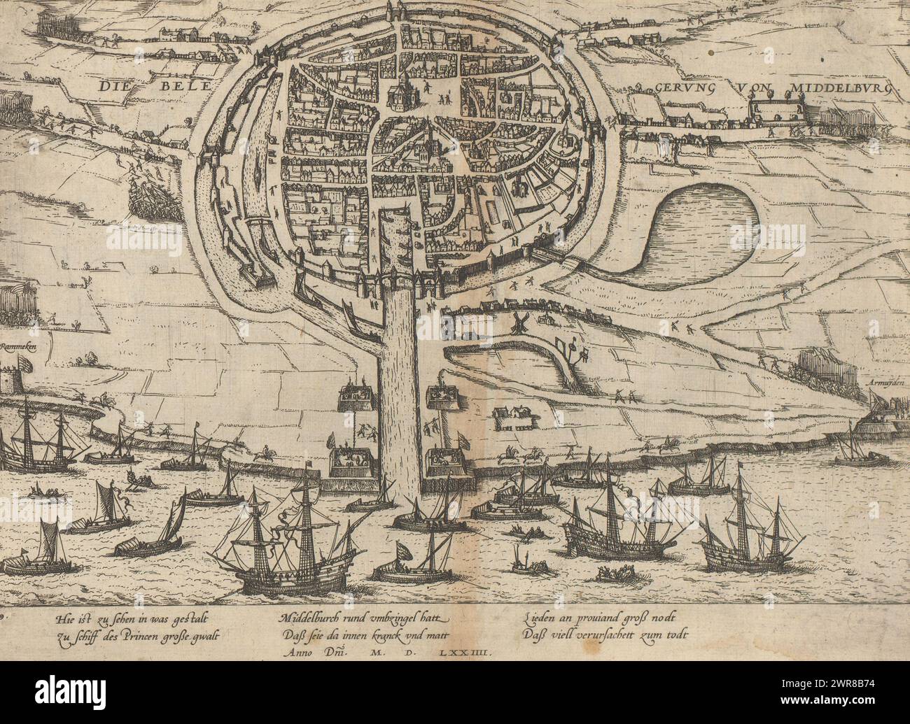 Siège de Middelburg, 1574, Die belegerung von Middelburg (titre sur objet), série 6 : événements hollandais, 1571-1576 (titre de la série), siège de Middelburg par les rebelles, janvier 1574. Vue sur la ville assiégée et ses environs. Au premier plan, les navires des mendiants, Fort Rammekens et Arnemuiden. Avec 6 lignes de légende en allemand. Numéroté : 19. L'estampe fait partie d'un album., imprimeur : Frans Hogenberg, Cologne, 1574 - 1576, papier, gravure, hauteur 215 mm × largeur 297 mm, impression Banque D'Images