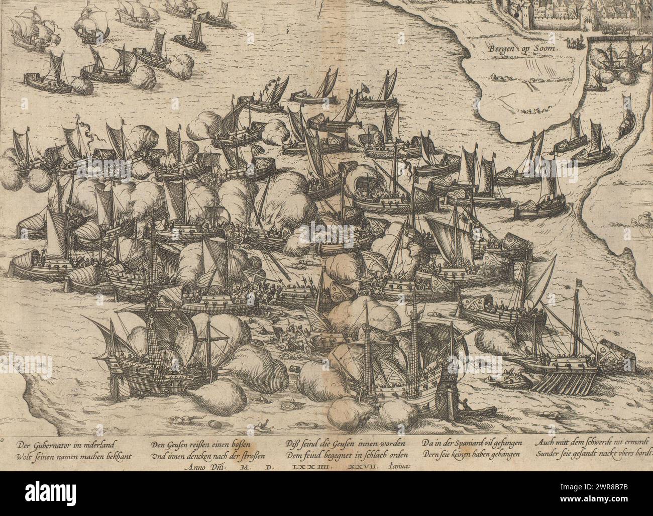 Sea Battle off Bergen op Zoom, 1574, Series 6 : Dutch Events, 1571-1576 (titre de la série), Sea Battle at Reimerswaal off Bergen op Zoom, 29 janvier 1574, entre les flottes de Louis de Boisot et le Seigneur de Glymes et d'Avila . Au sommet de la ville de Bergen op Zoom. Avec 10 lignes de légende en allemand. Numéroté : 20. L'estampe fait partie d'un album., imprimeur : Frans Hogenberg, Cologne, 1574 - 1576, papier, gravure, hauteur 215 mm × largeur 292 mm, impression Banque D'Images