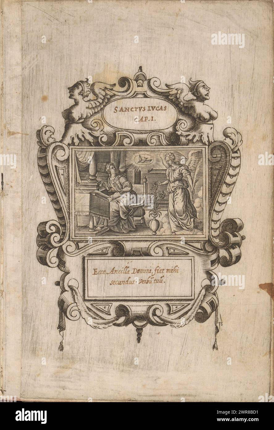 Annonciation, la vie du Christ (titre de la série), L'Annonciation à Marie. Partie d'un album photo avec photo titre et 56 scènes du Nouveau Testament. Chaque scène montée dans une gravure avec des cartouches ornementales dans laquelle une fenêtre a été sculptée et pourvue de passages manuscrits de la Bible., imprimeur : Monogrammist HSD, après conception par: Pieter van der Borcht (I), Anvers, c. 1570 - c. 1610, papier, gravure, hauteur c. 40 mm × largeur c. 60 mm, hauteur c. 175 mm × largeur c. 115 mm, impression Banque D'Images