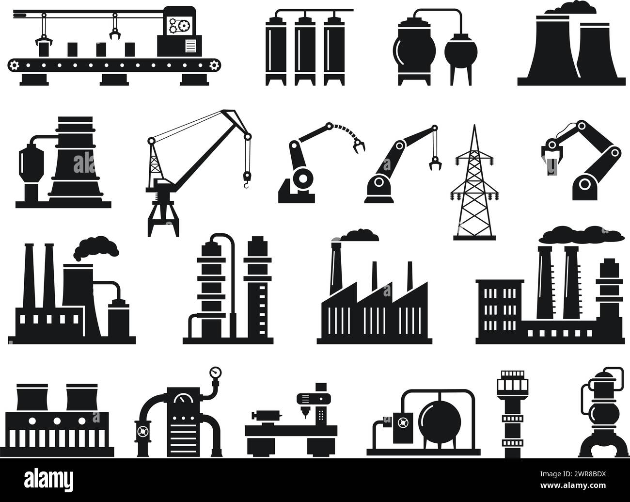 Silhouettes d'usine industrielle. Icônes de machines et de fabrication, centrales électriques, courroies transporteuses, grues et bras robotiques illustration vectorielle Illustration de Vecteur